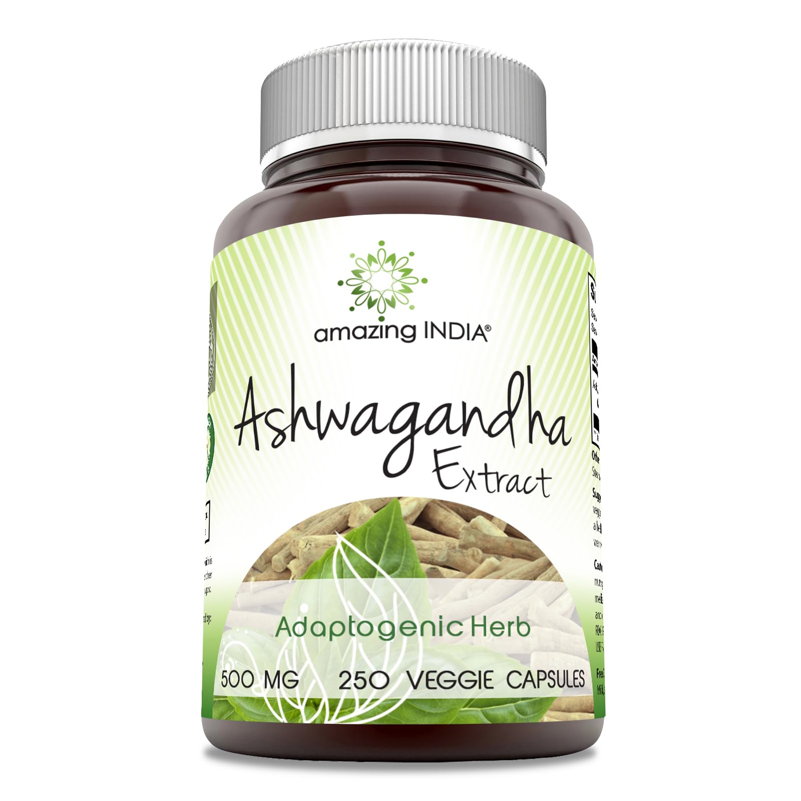 Amazing India Ashwagandha Extract 500mg 250 Veggie Capsules front view