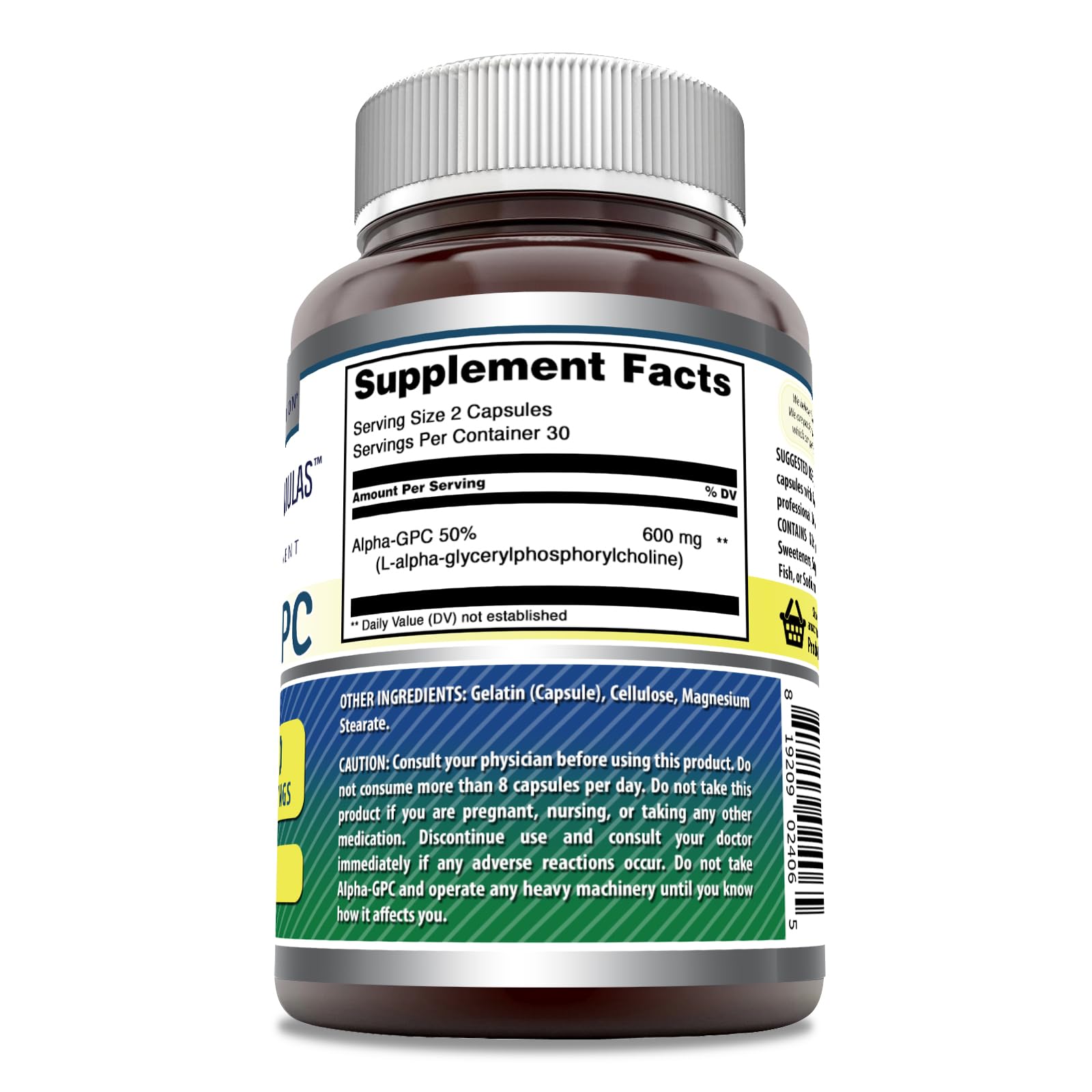 Amazing Nutrition Alpha GPC 600 mg Supplement bottle side view