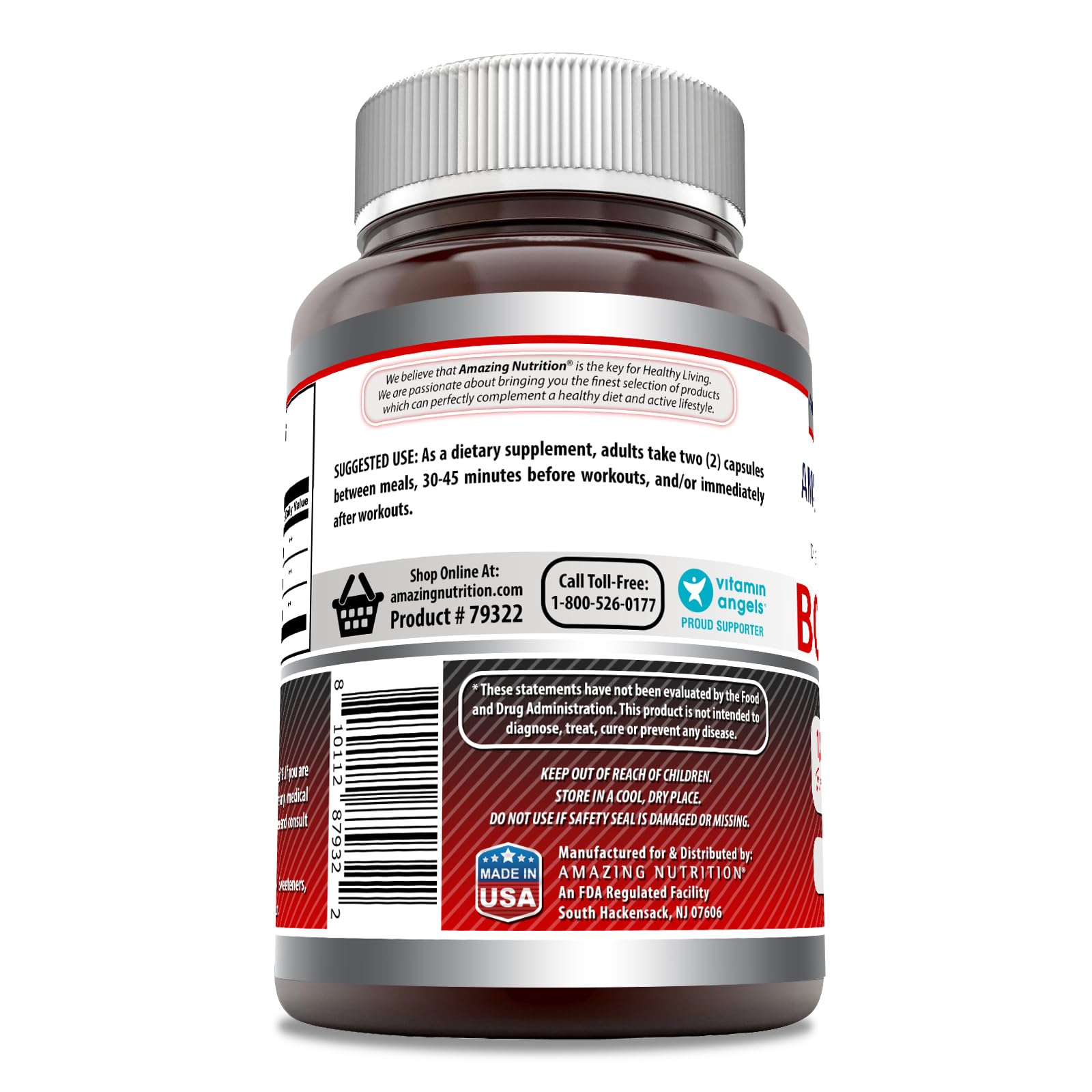 Amazing Nutrition BCAA Powder 2:1:1 back view with nutritional information