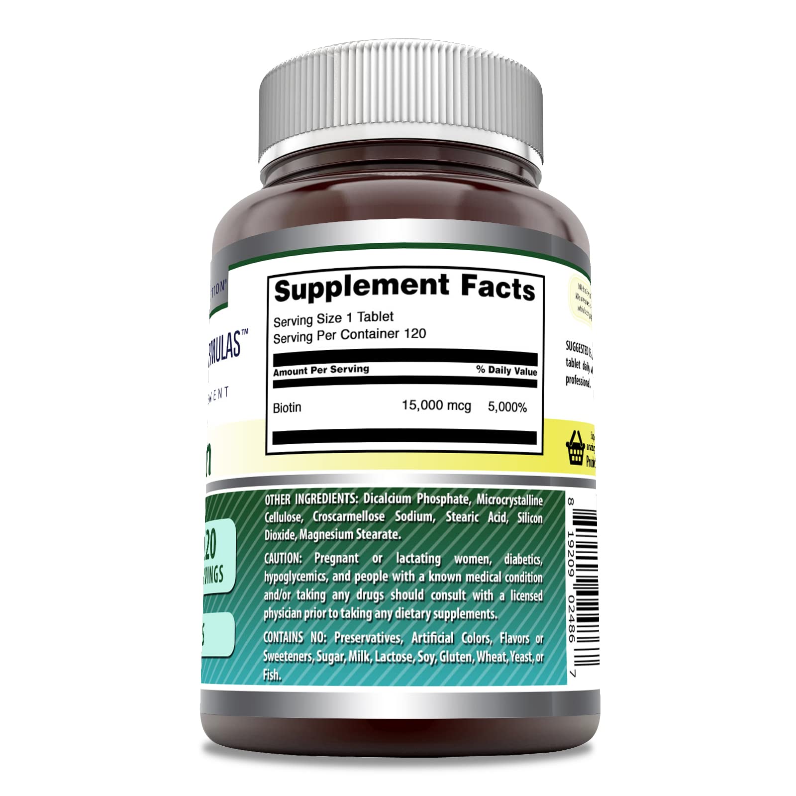 Amazing Nutrition Biotin Supplement 15000 Mcg 120 Tablets side view