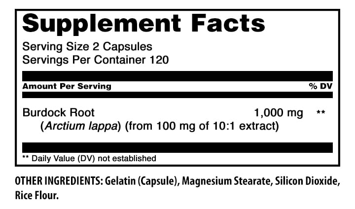 Amazing Nutrition Burdock Root Supplement 1000mg side view showing capsules