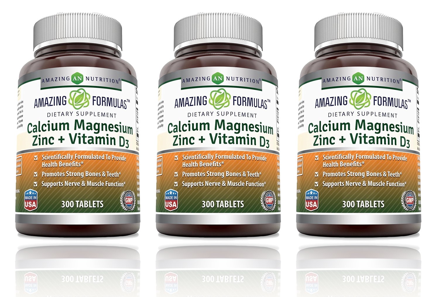 Amazing Nutrition Calcium Magnesium Zinc 300 Tablets Supplement front view