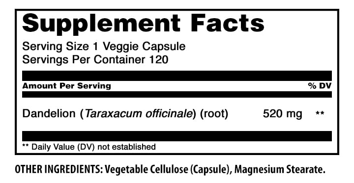 Amazing Nutrition Dandelion Root Supplement 520mg bottle side view