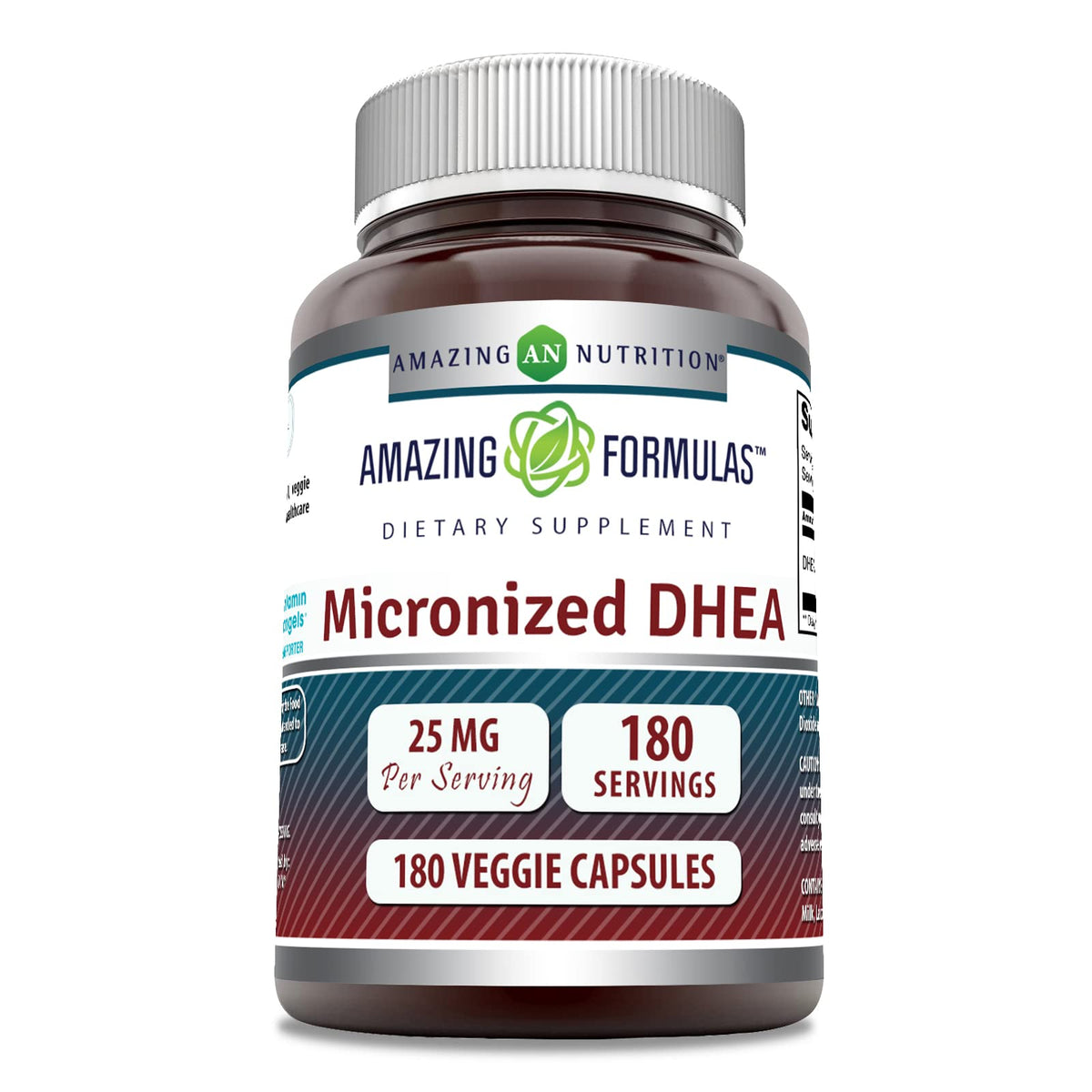 Amazing Nutrition DHEA Supplement 25mg 180 Veggie Capsules front view