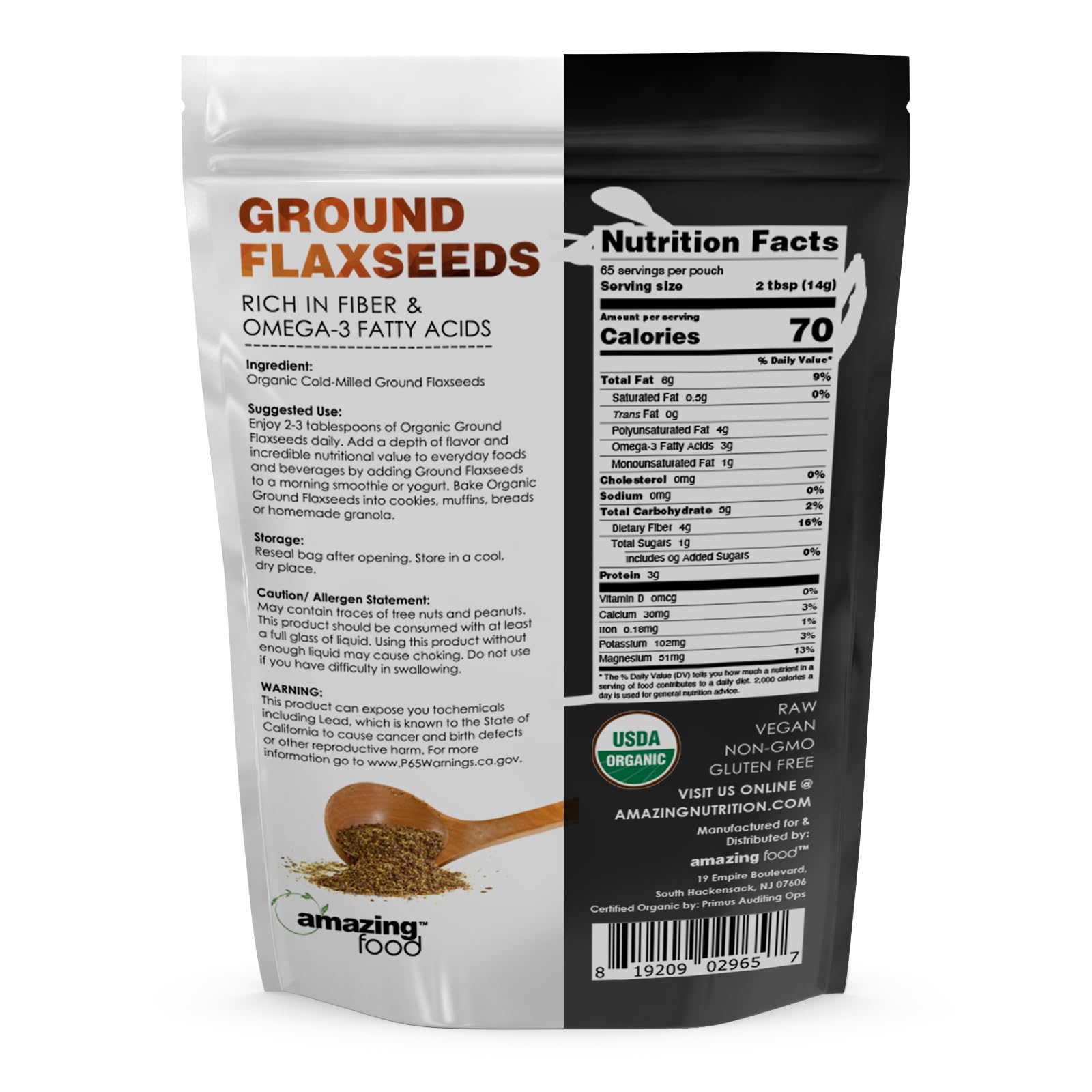 Amazing Nutrition Ground Flaxseed Powder 454g packaging details