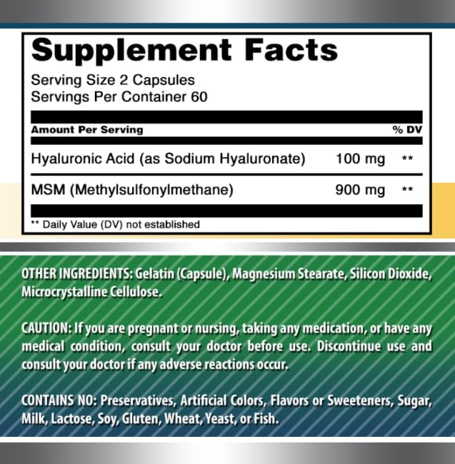 Amazing Nutrition Hyaluronic Acid & MSM 120 Capsules with dosage details