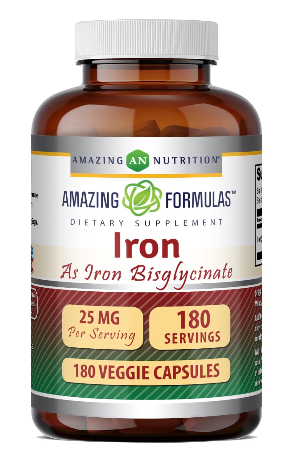 Amazing Nutrition Iron Bisglycinate 25mg 180 veggie capsules front view