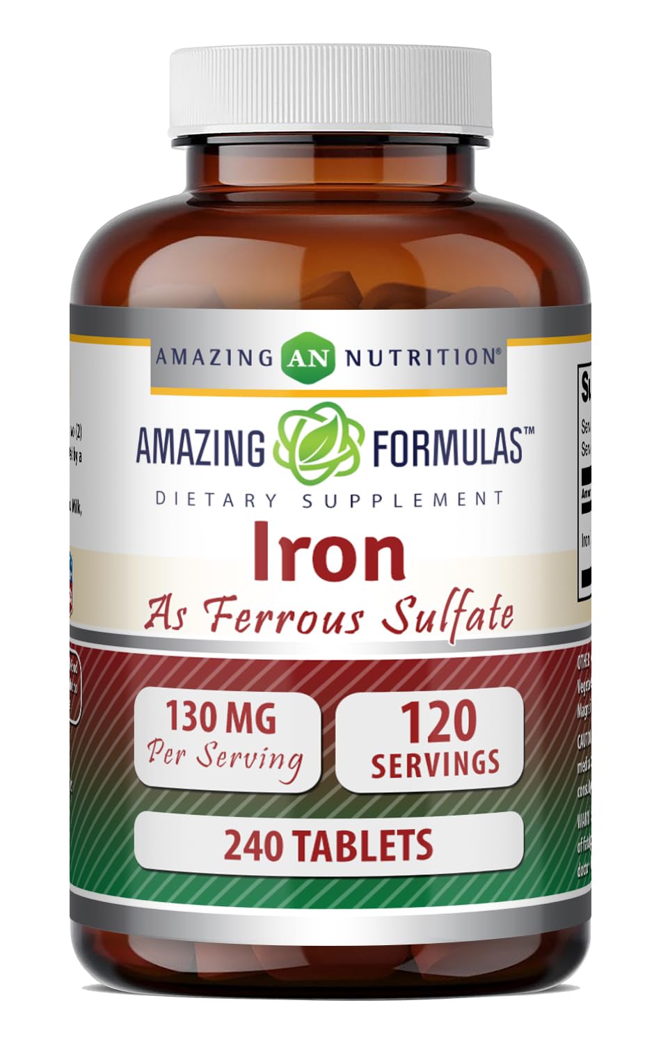 Amazing Nutrition Iron Supplement 130mg Ferrous Sulfate bottle front view