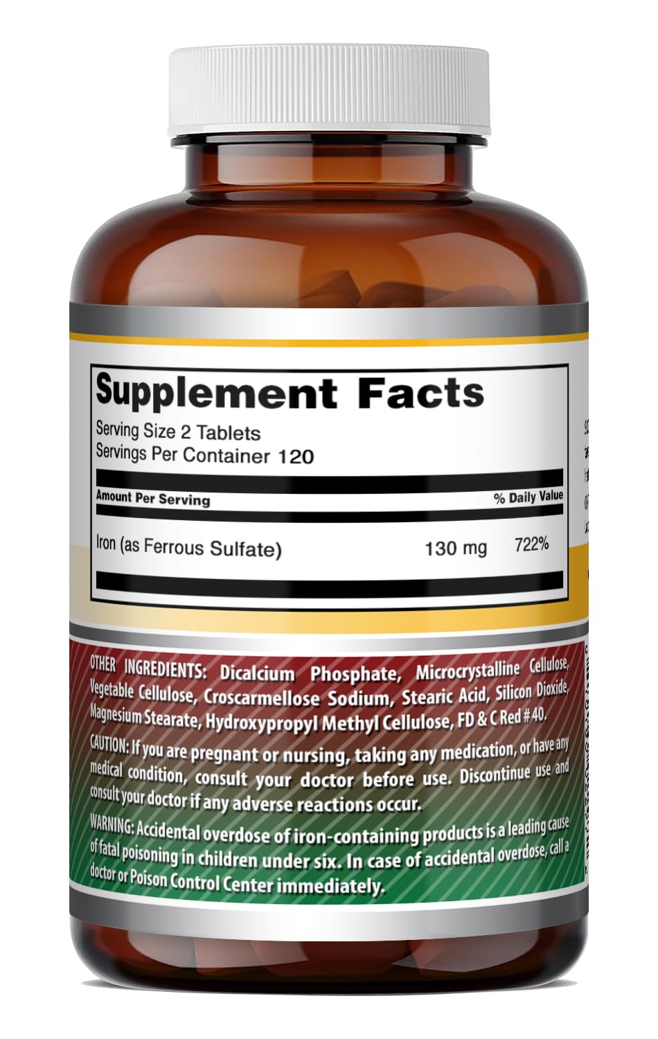 Amazing Nutrition Iron Supplement 130mg Ferrous Sulfate bottle side view