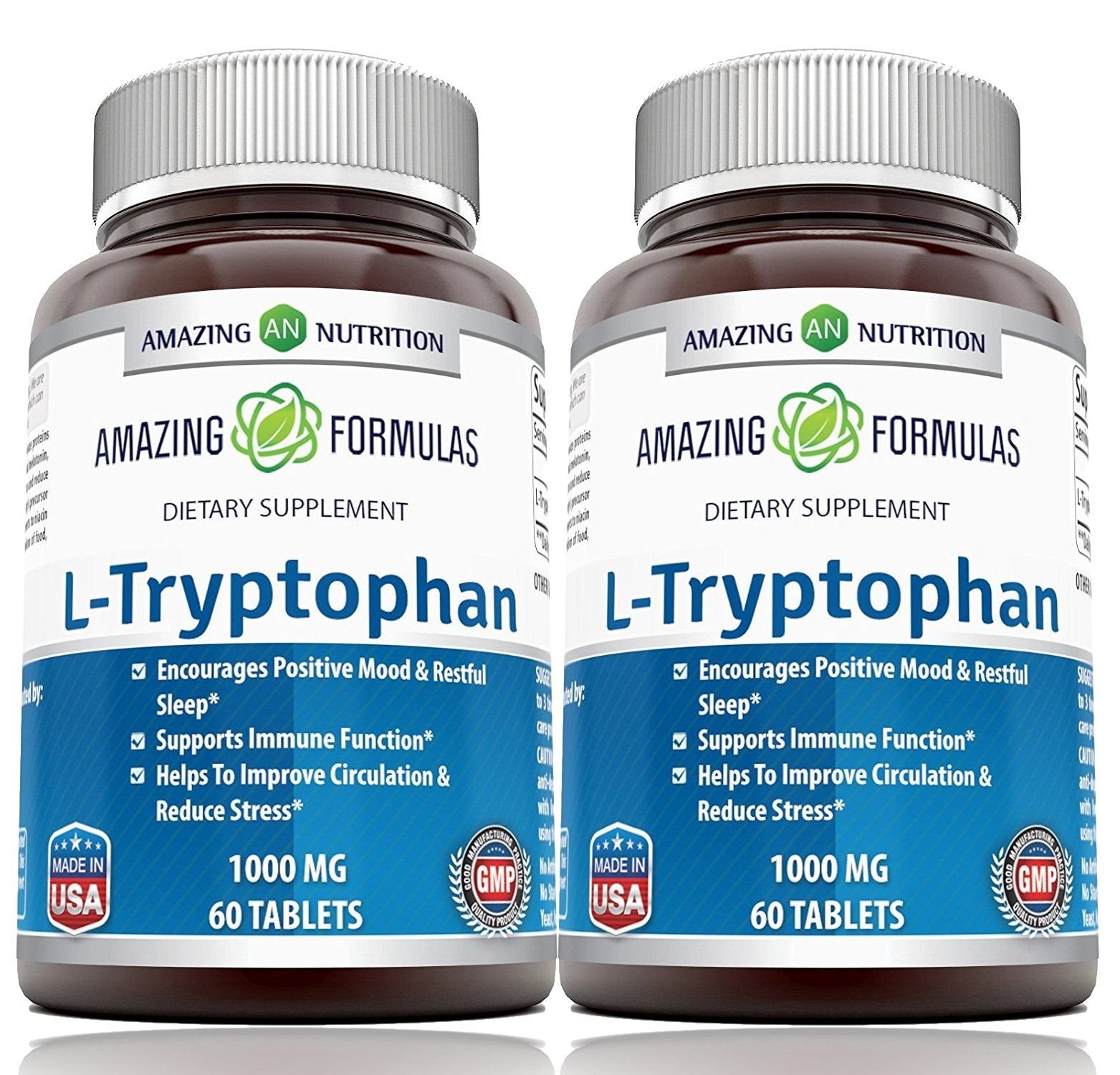Amazing Nutrition L-Tryptophan 1000mg Tablets front view, 60 count bottle