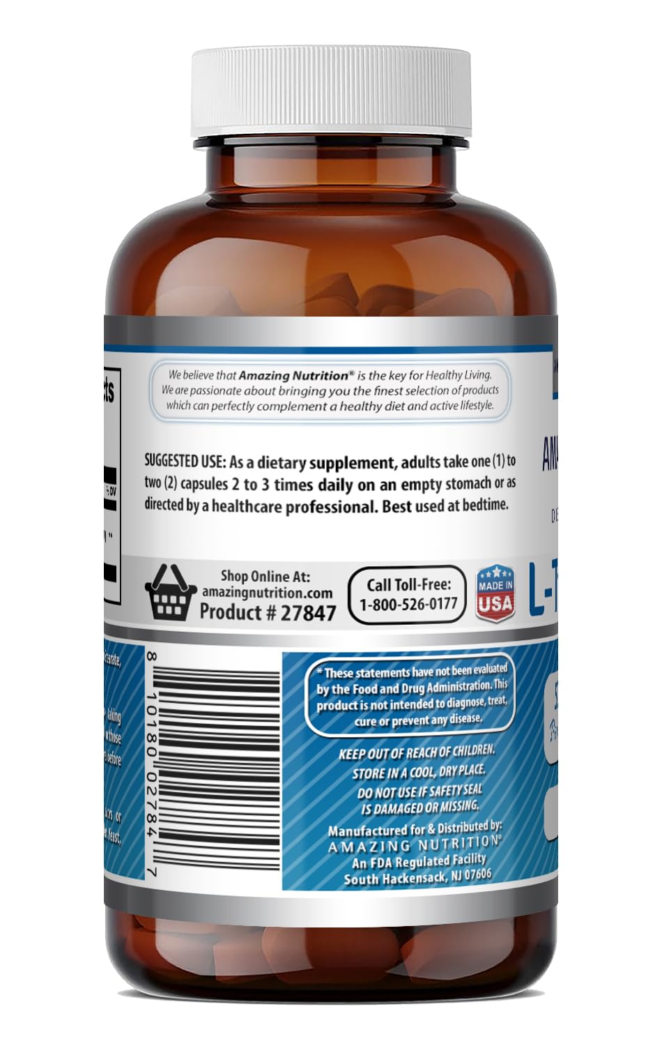 Amazing Nutrition L-Tryptophan Supplement on a wooden table