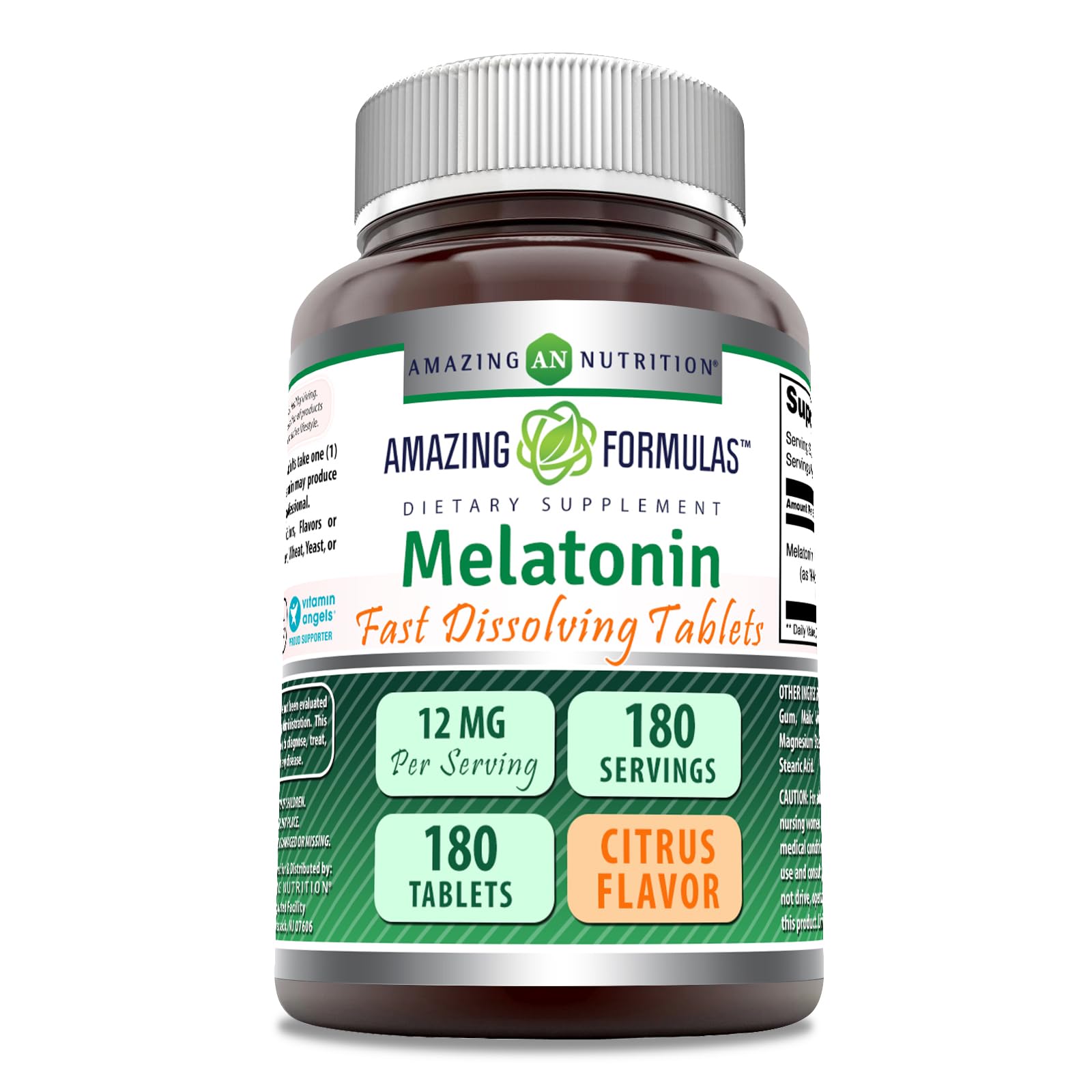 Amazing Nutrition Melatonin 12 Mg Tablets 180 Count Citrus front view