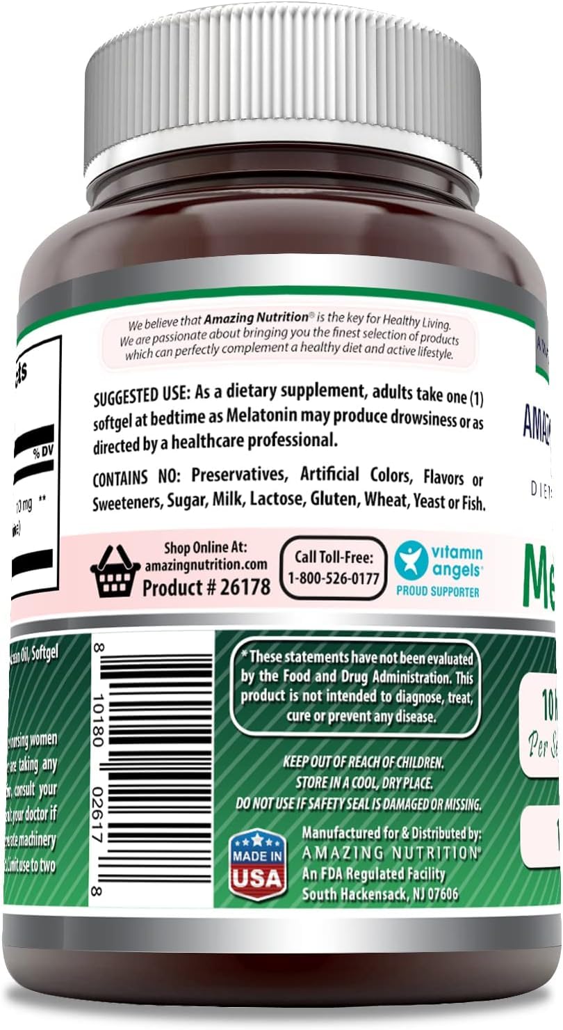 Amazing Nutrition Melatonin Softgels 10mg back view