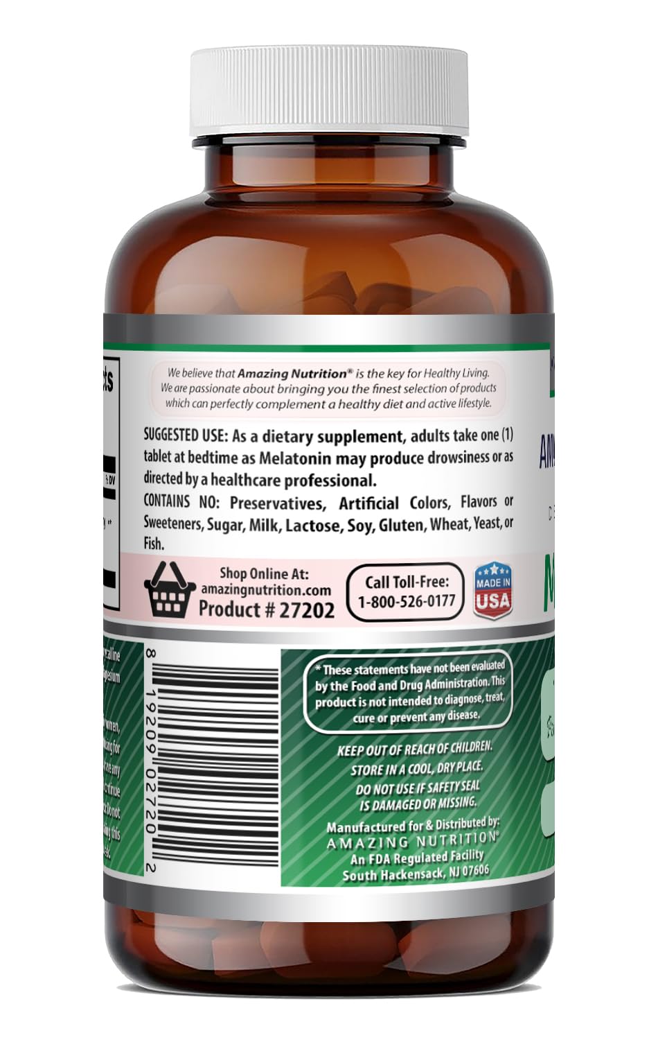 Amazing Nutrition Melatonin Supplement 180 tablets on a table
