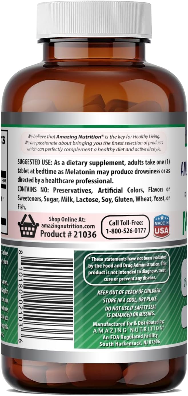 Amazing Nutrition Melatonin Supplement 5mg 180 Tablets on a table