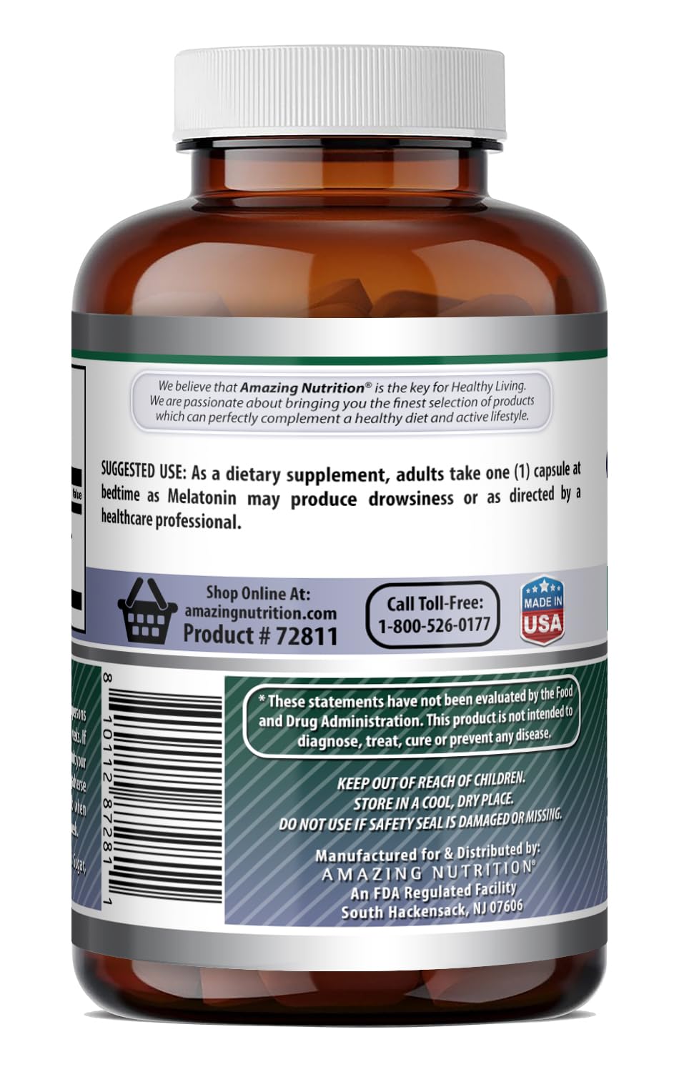 Amazing Nutrition Melatonin Supplement 5mg 240 Capsules on a wooden table