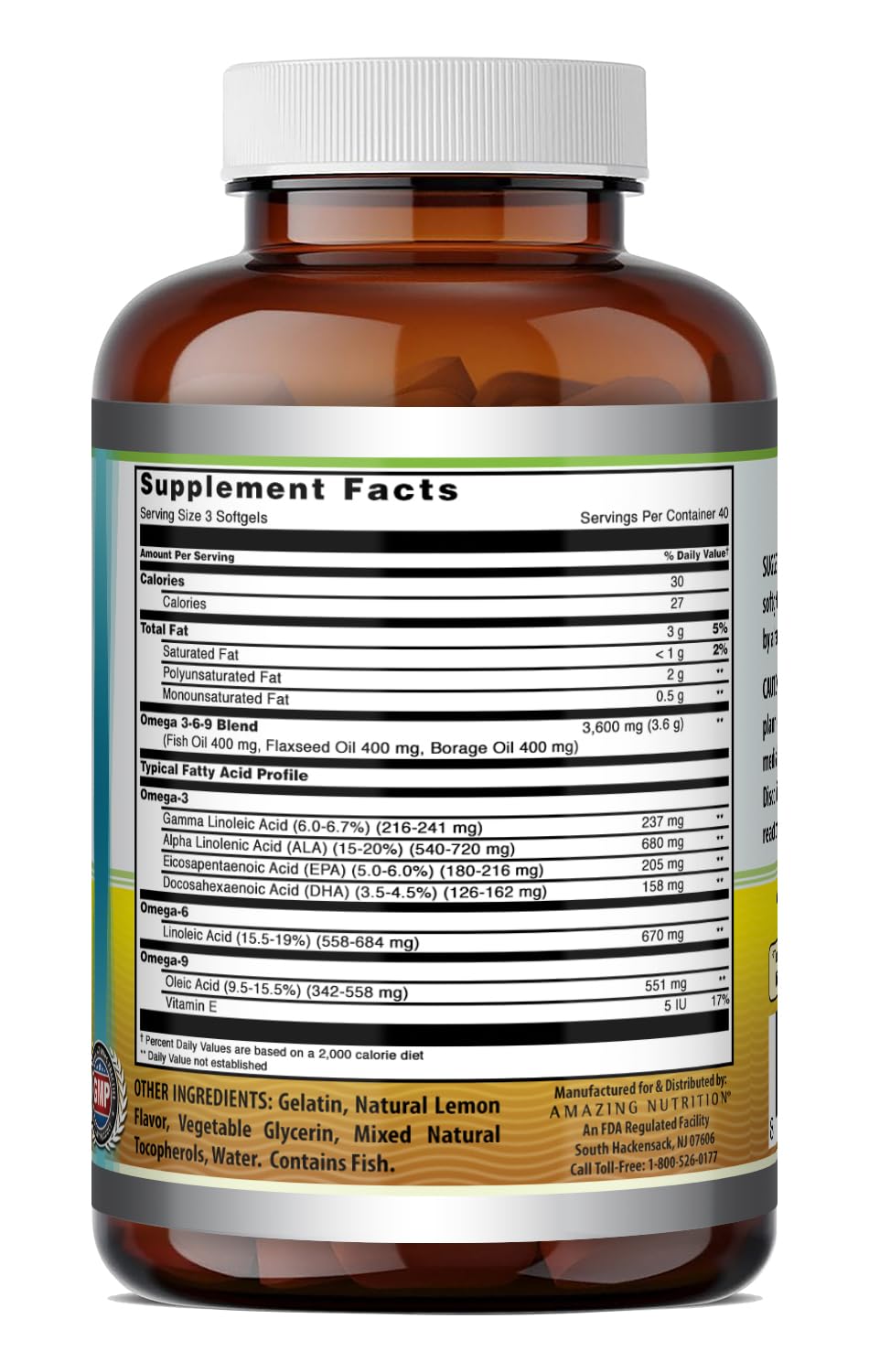 Amazing Nutrition Omega 3.6.9 Fish Oil Supplement side view