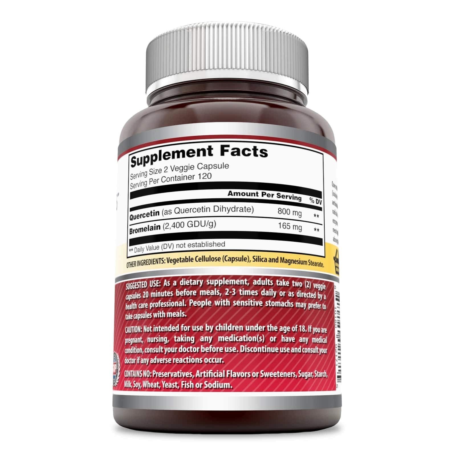 Amazing Nutrition Quercetin 800mg with Bromelain side view showing capsule details