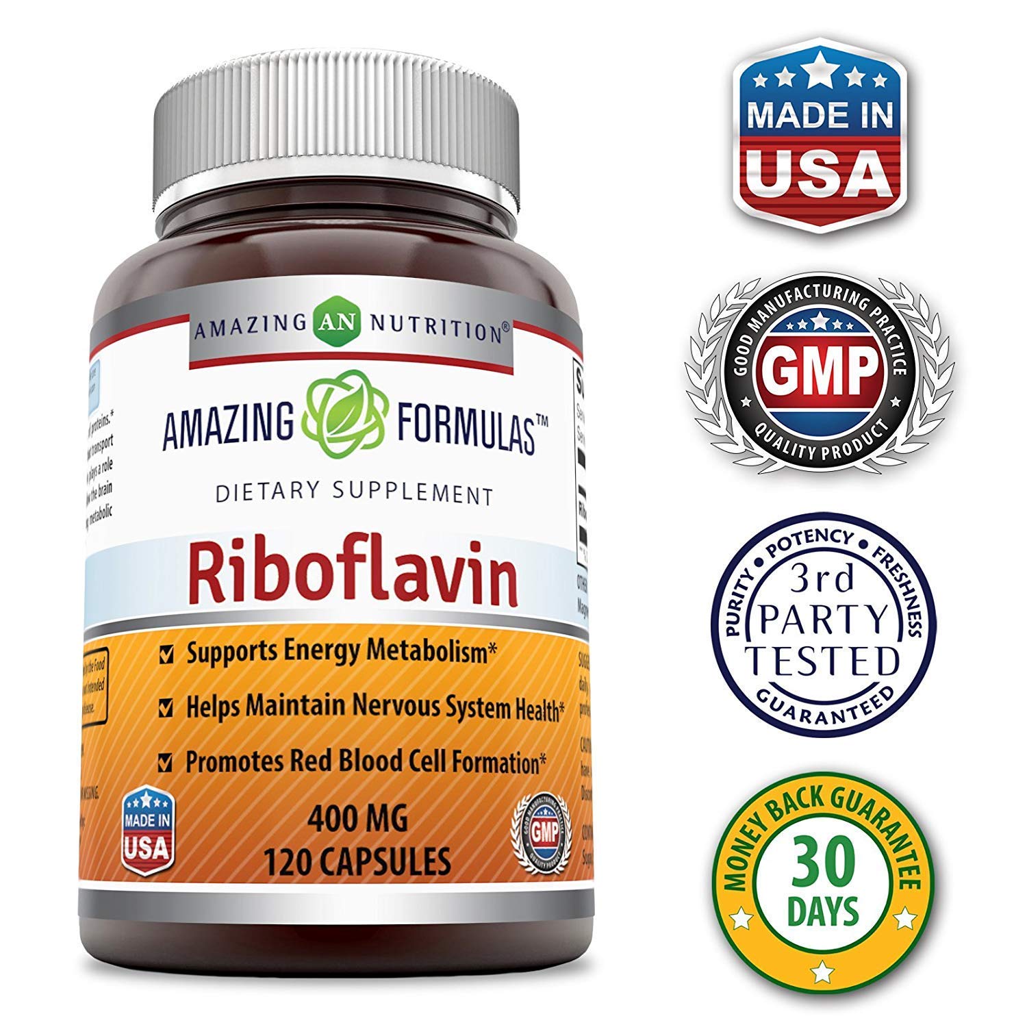 Amazing Nutrition Riboflavin Vitamin B2 400mg capsules packaging details