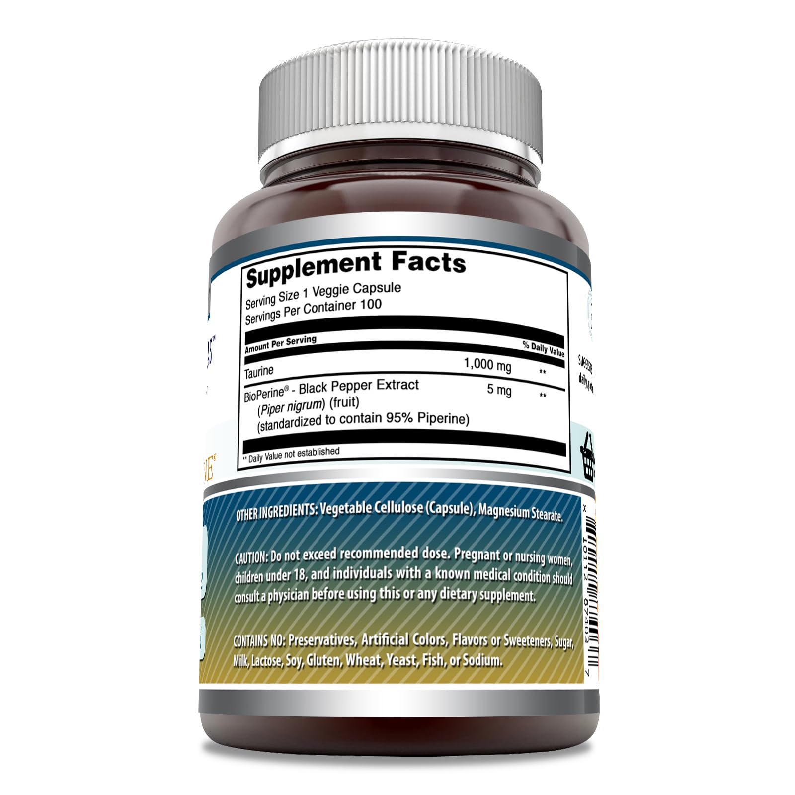 Amazing Nutrition Taurine 1000 Mg with Bioperine supplement bottle back view