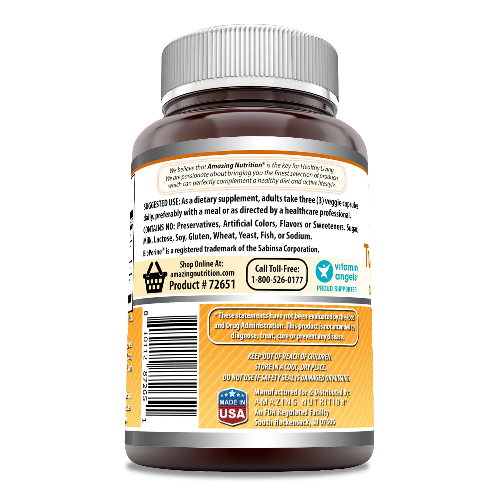 Amazing Nutrition Turmeric Curcumin & Ginger Supplement side view with nutritional information