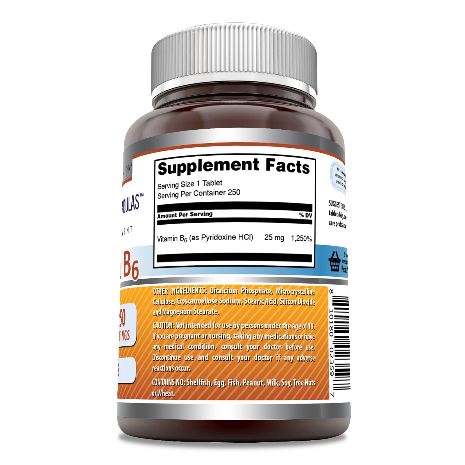 Amazing Nutrition Vitamin B6 Pyridoxine 25mg 250 Tablets side view