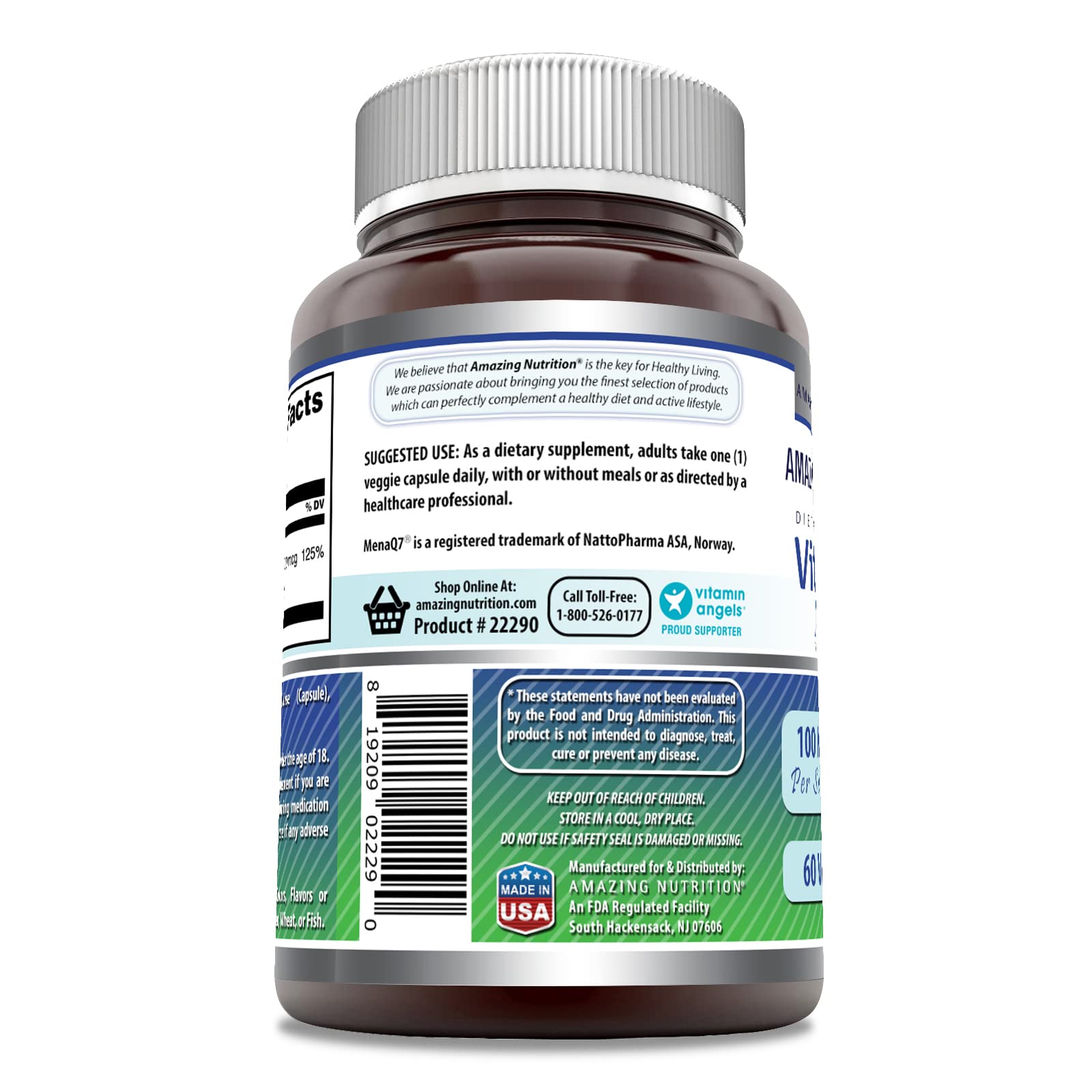 Amazing Nutrition Vitamin K2 Menaq7 MK7 100 Mcg supplement side view