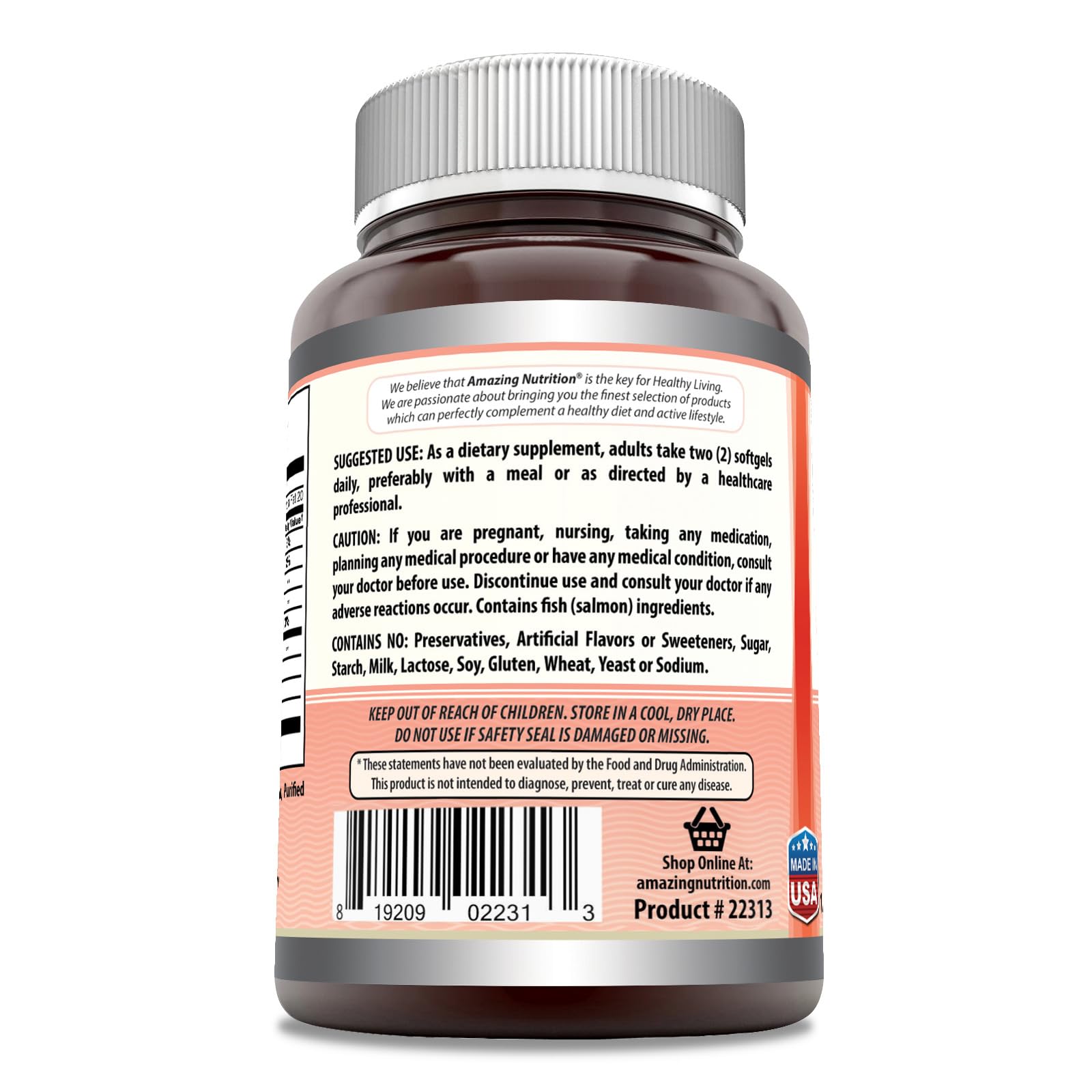 Amazing Nutrition Wild Alaskan Salmon Oil 2000 mg softgel side view with dosage details
