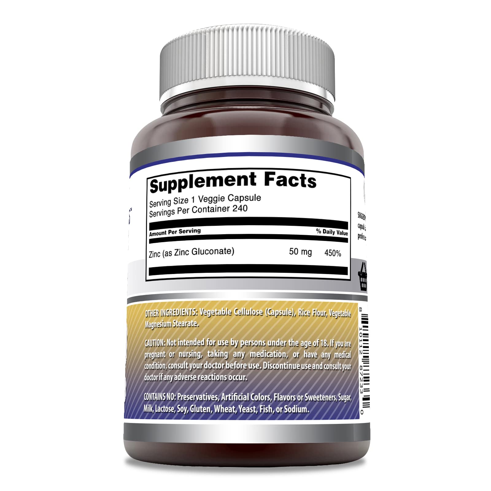 Amazing Nutrition Zinc Gluconate 50mg Supplement veggie capsule close-up