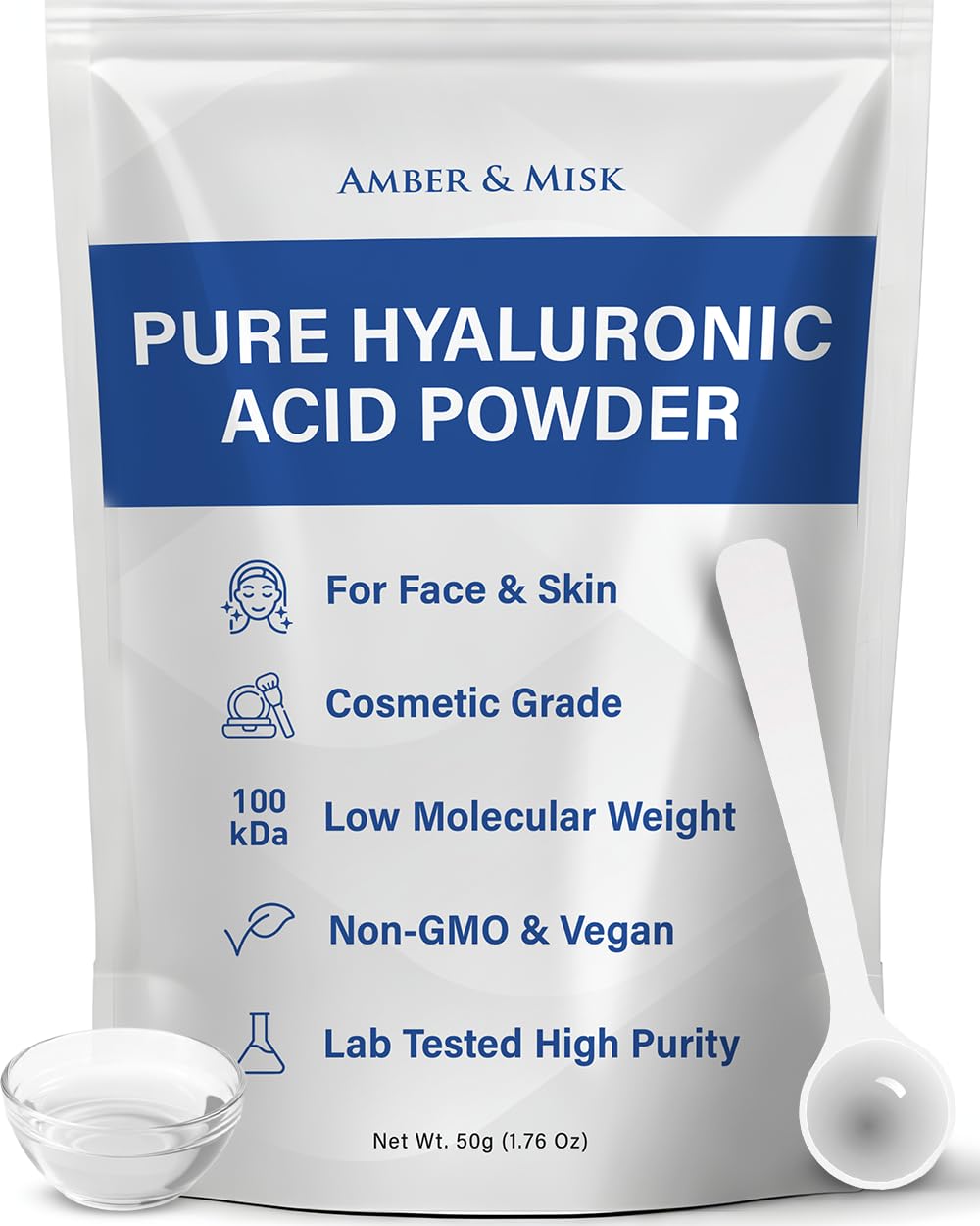 Amber & Misk Hyaluronic Acid Powder front view packaging
