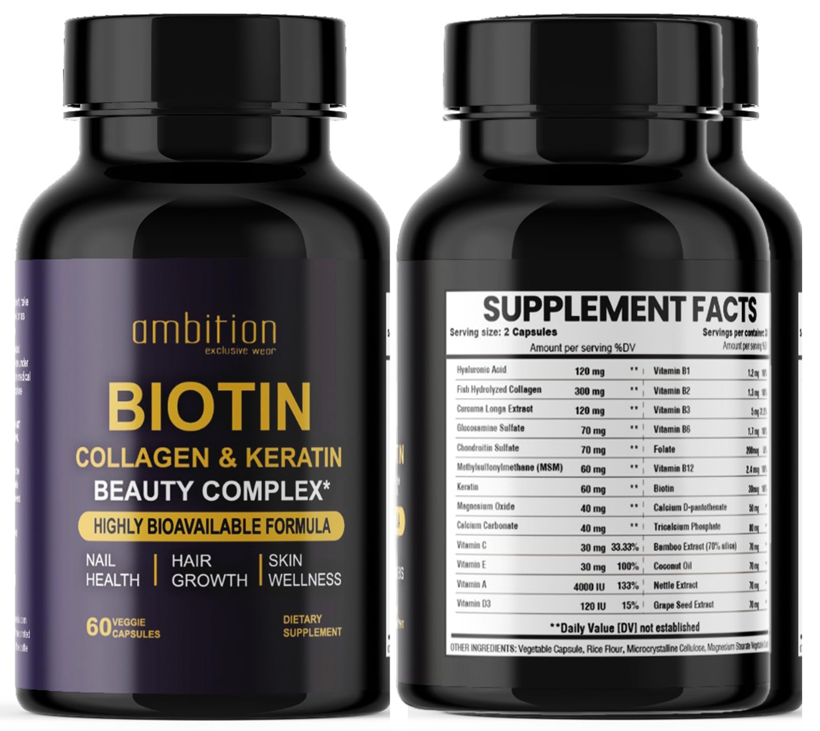 Ambition Exclusive Wear Biotin Collagen Keratin supplement capsules close-up