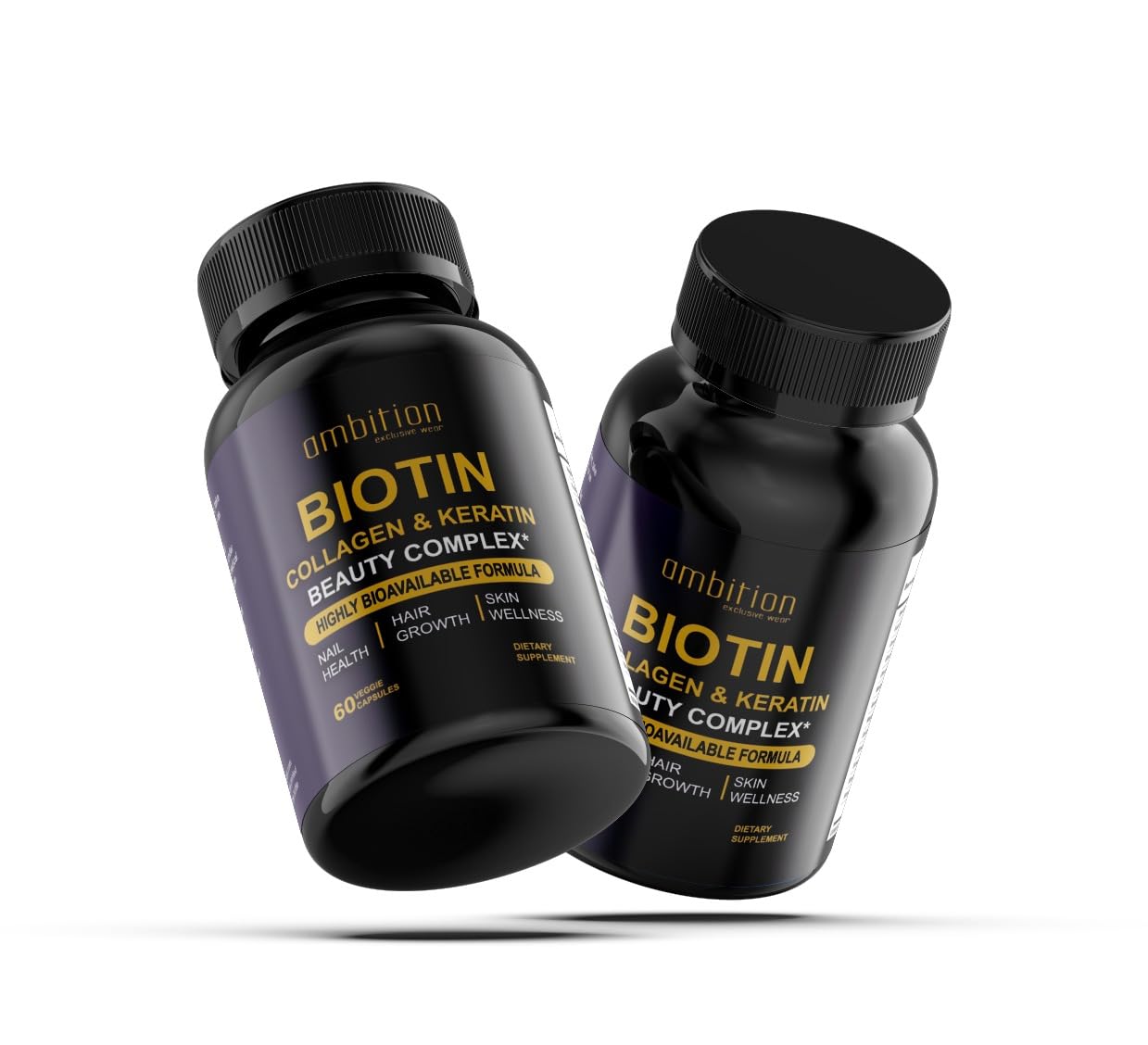 Ambition Exclusive Wear Biotin Collagen Keratin supplement on a wooden table