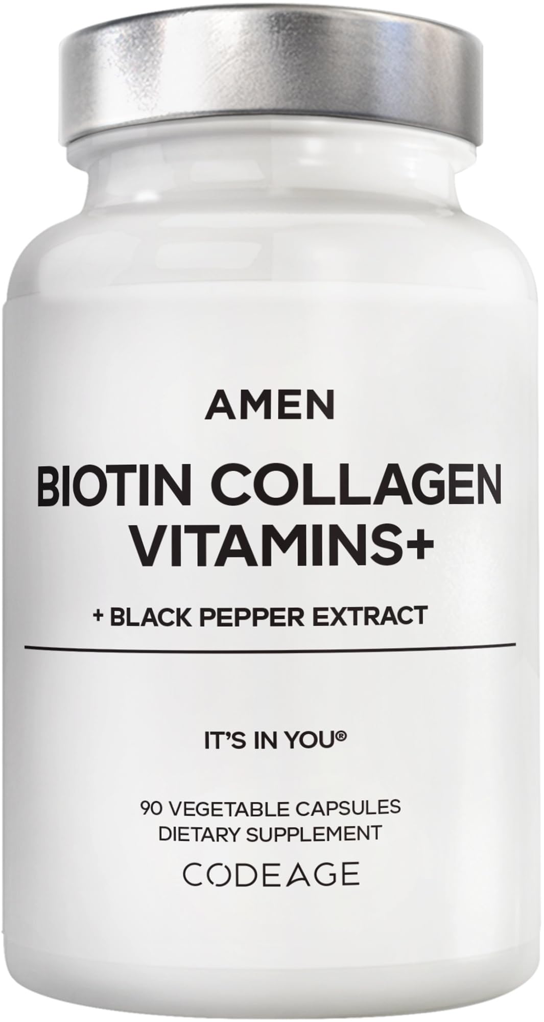 Amen Biotin Collagen Vitamins+ 10,000 mcg front view of bottle