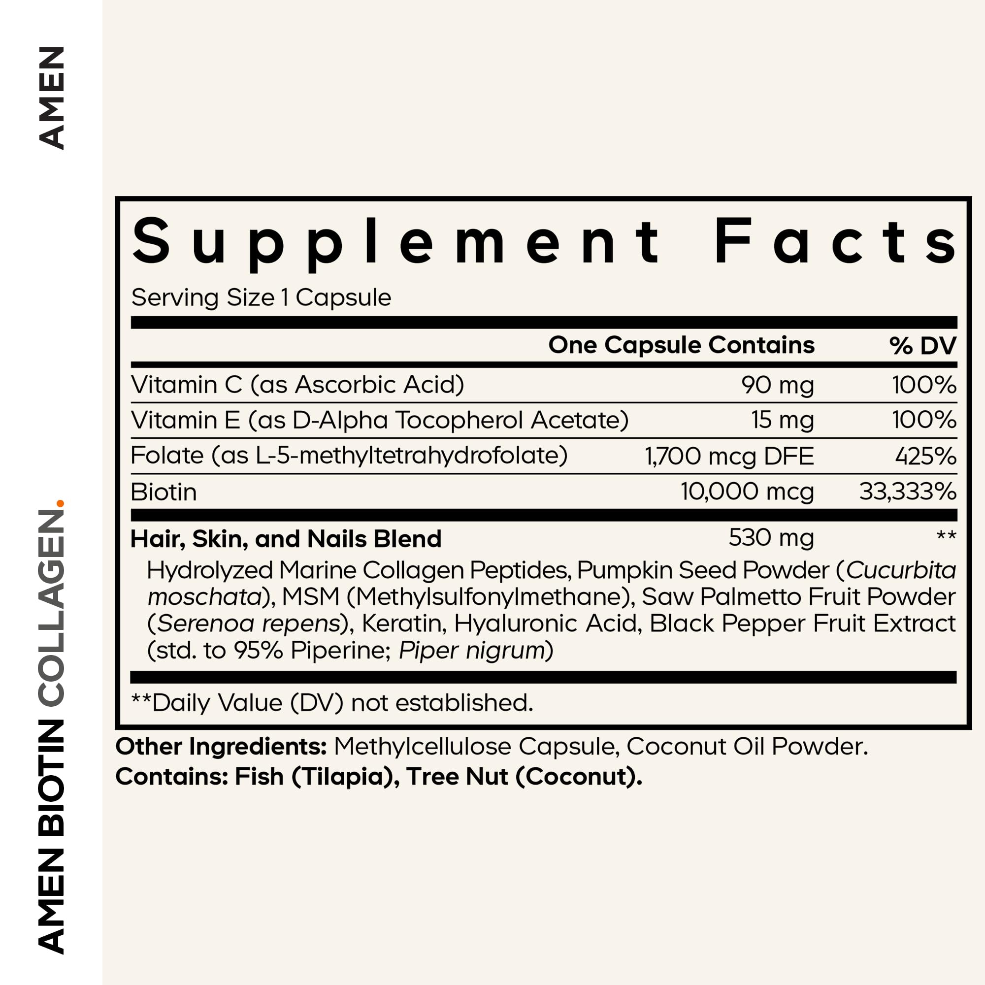 Amen Biotin Collagen Vitamins+ 10,000 mcg side view of bottle