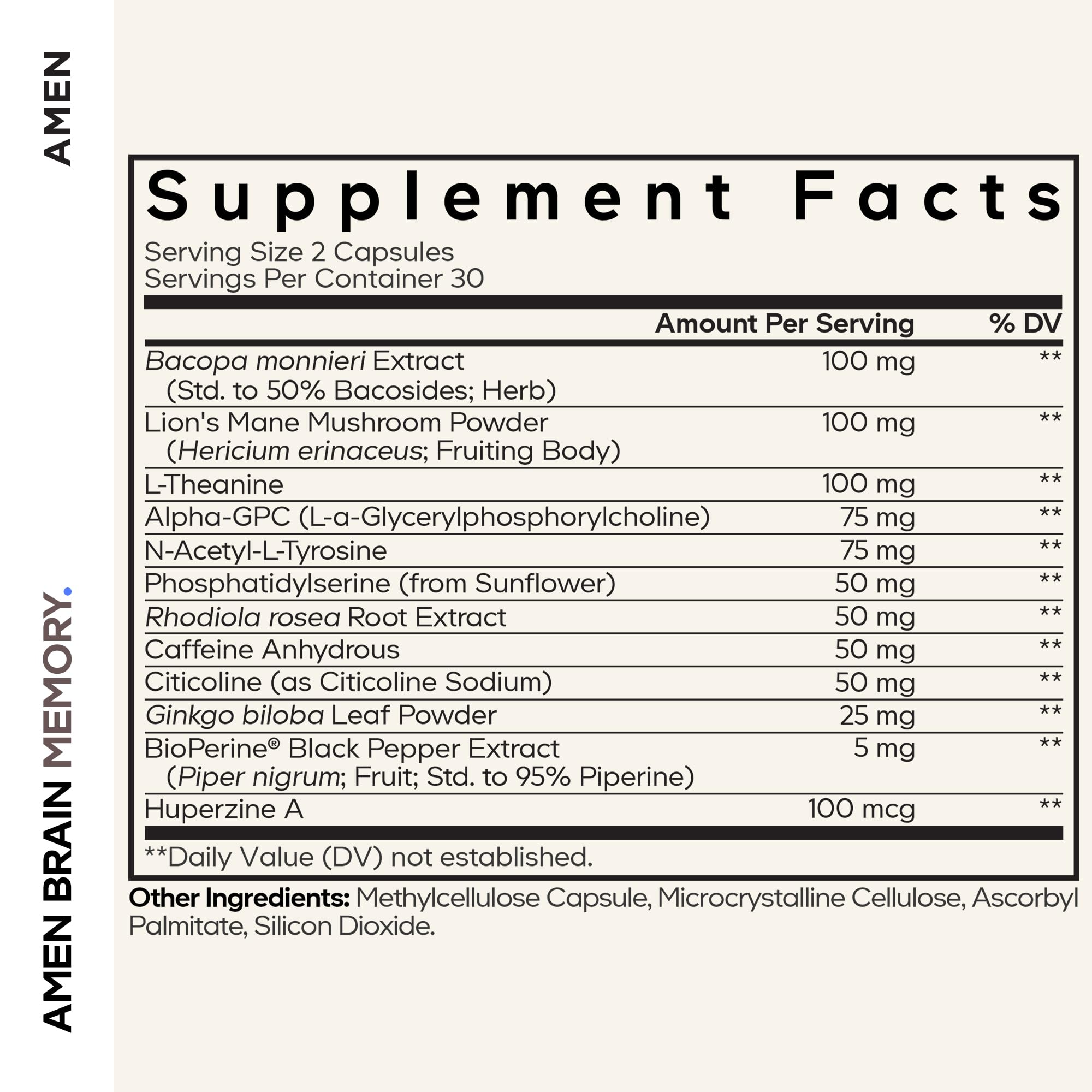 Amen Brain Memory supplement side view showing capsule details