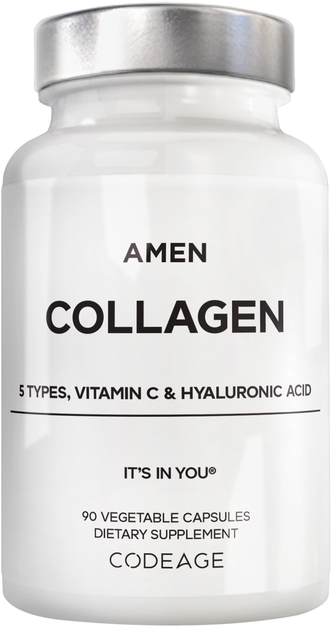 Amen Collagen Supplement front view with capsule bottle