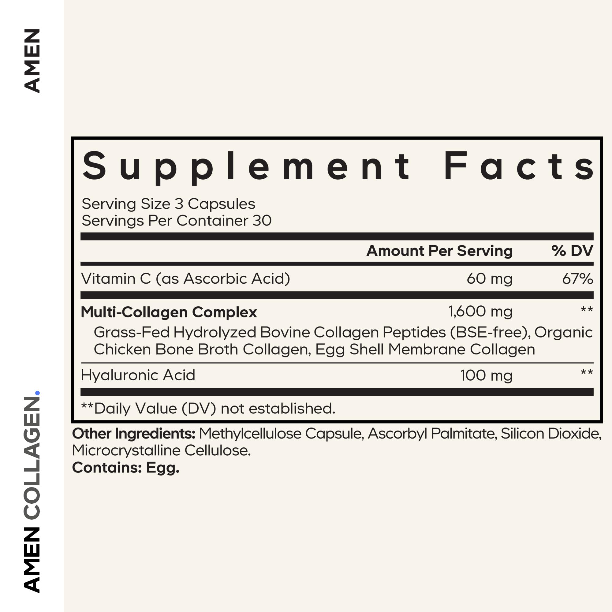 Amen Collagen Supplement side view showing capsule details