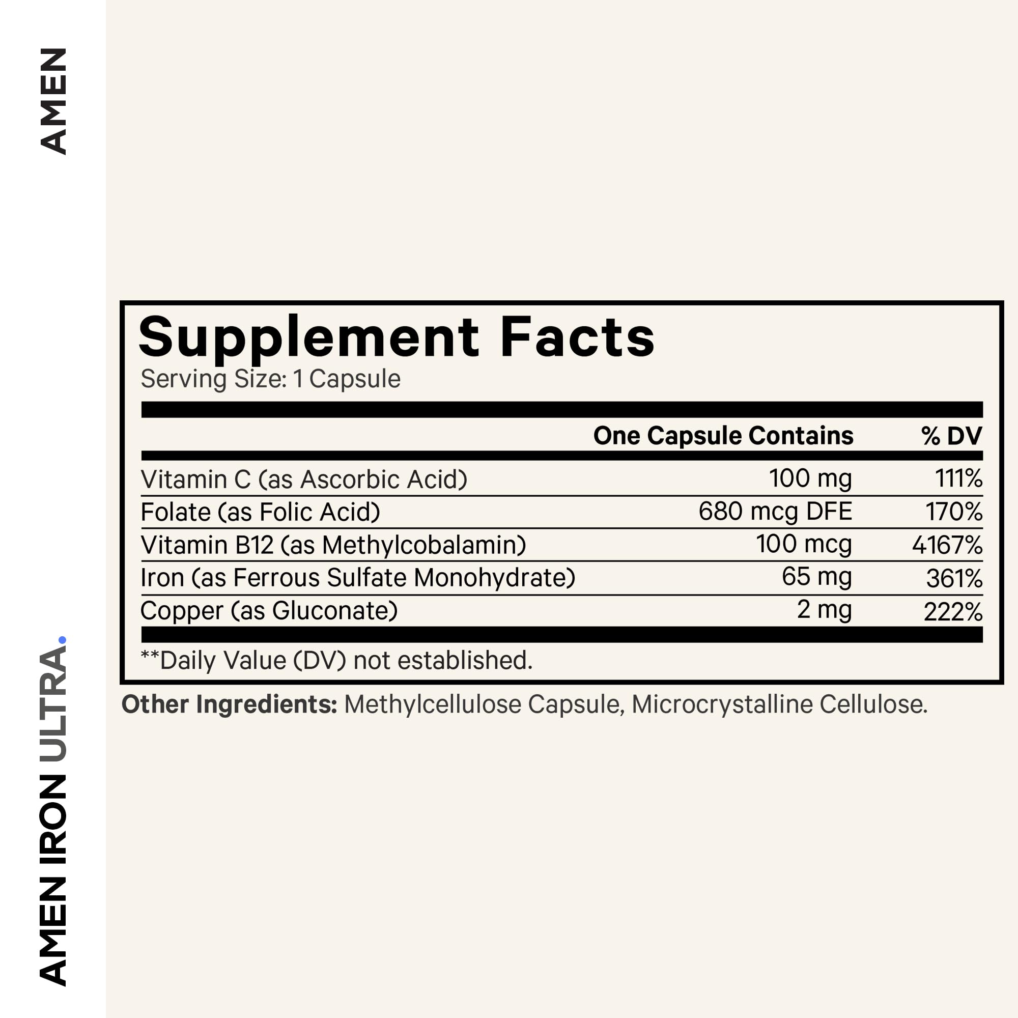 Amen Iron Ultra Supplement 65mg side view of bottle