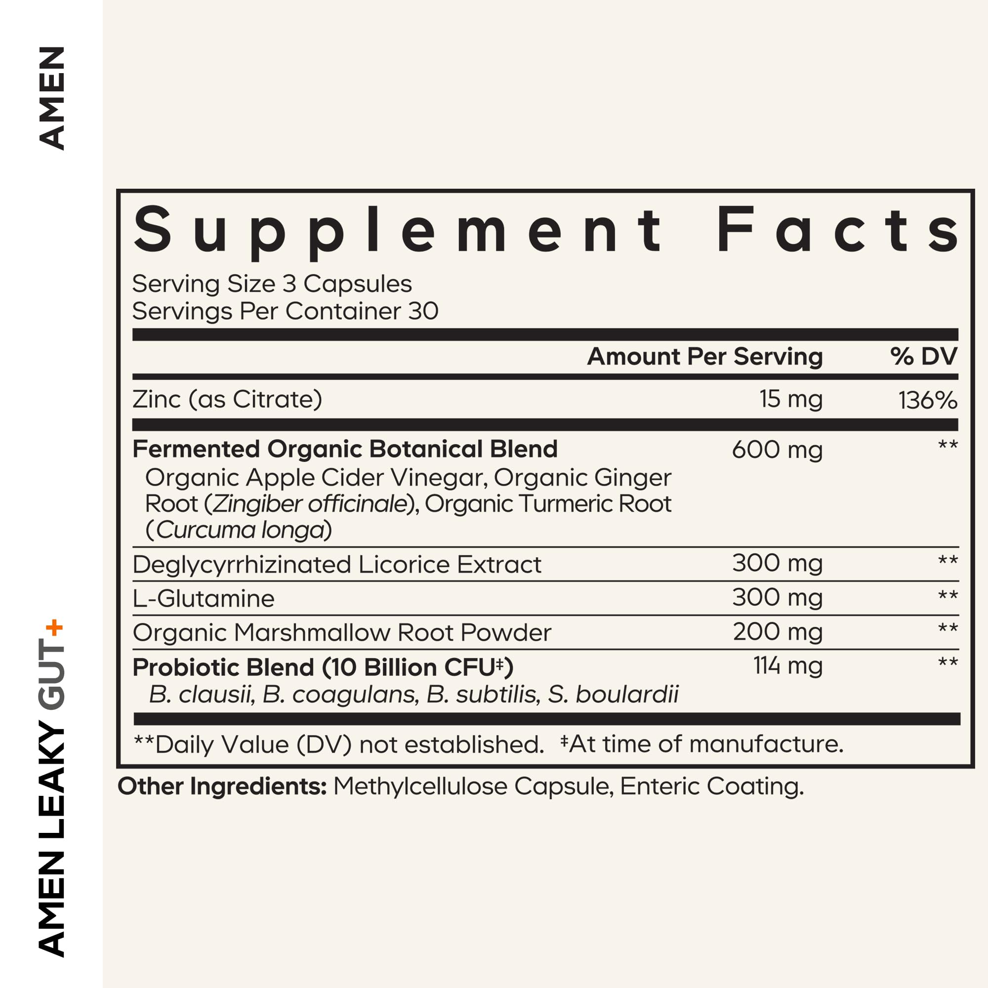 Amen Leaky Gut+ Supplement Capsules side view