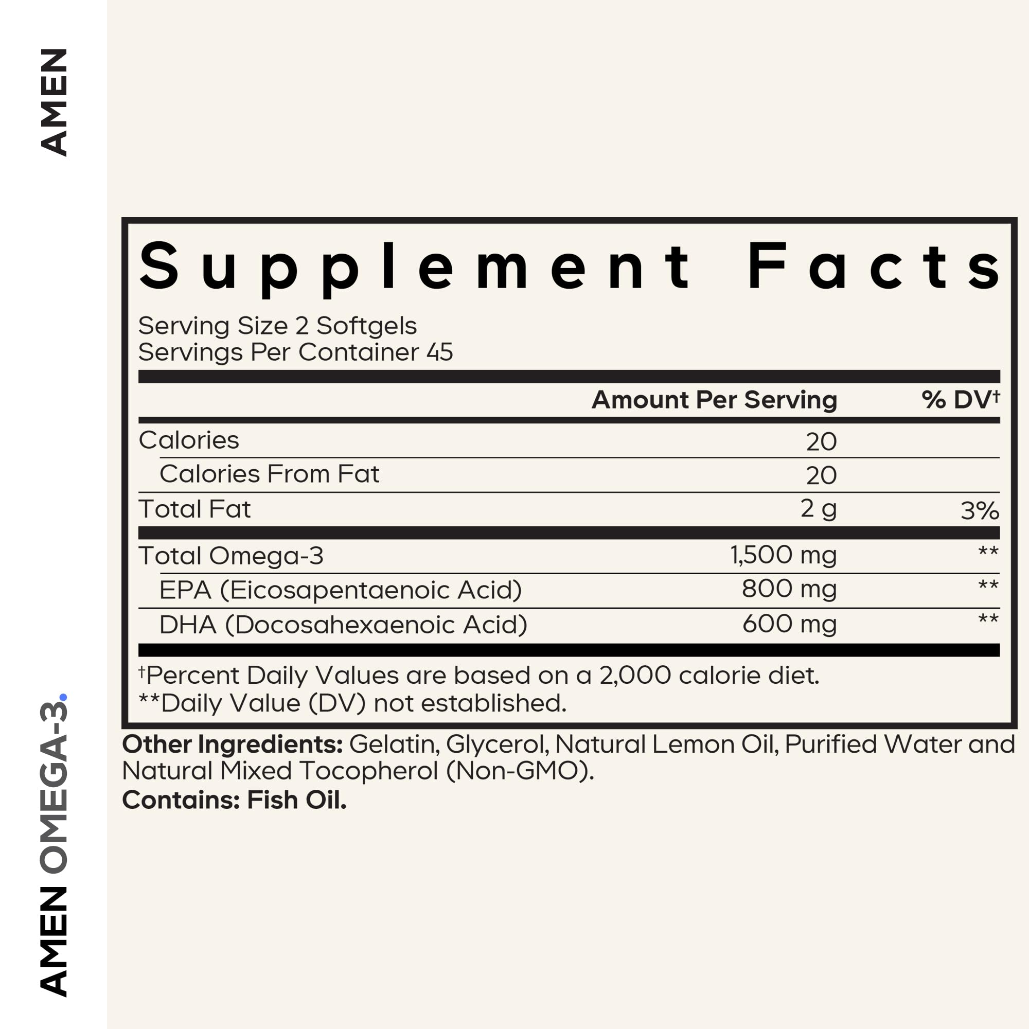 Amen Omega-3 Softgels side view with label