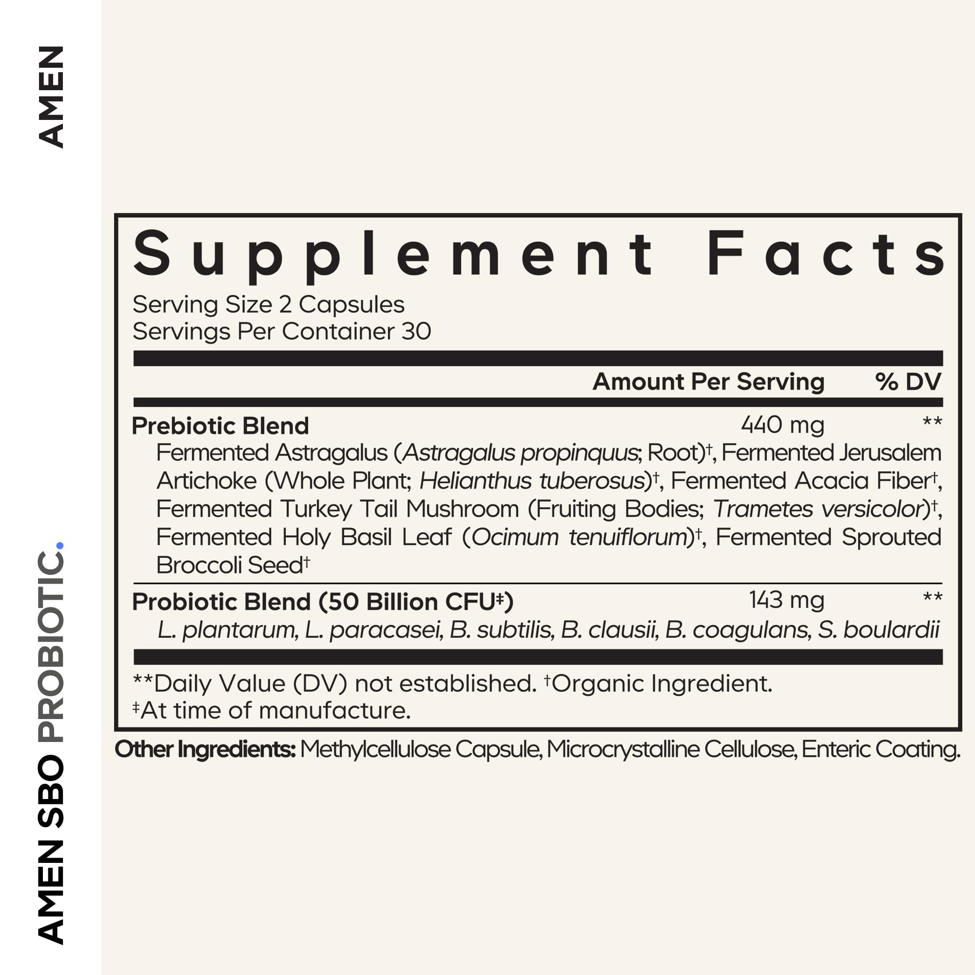 Amen SBO Probiotic Capsules side view showing capsules