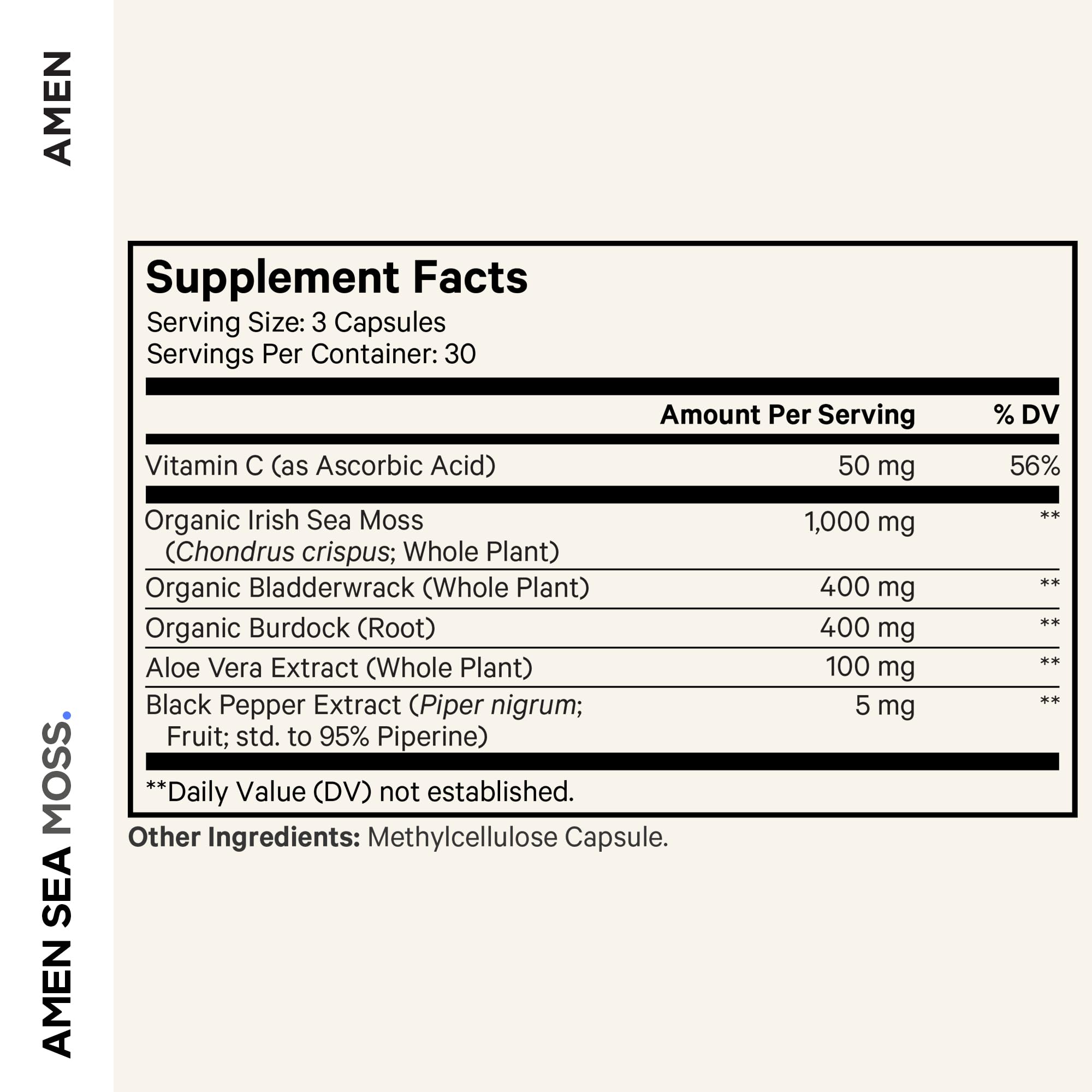 Amen Sea Moss Capsules side view showing ingredient list