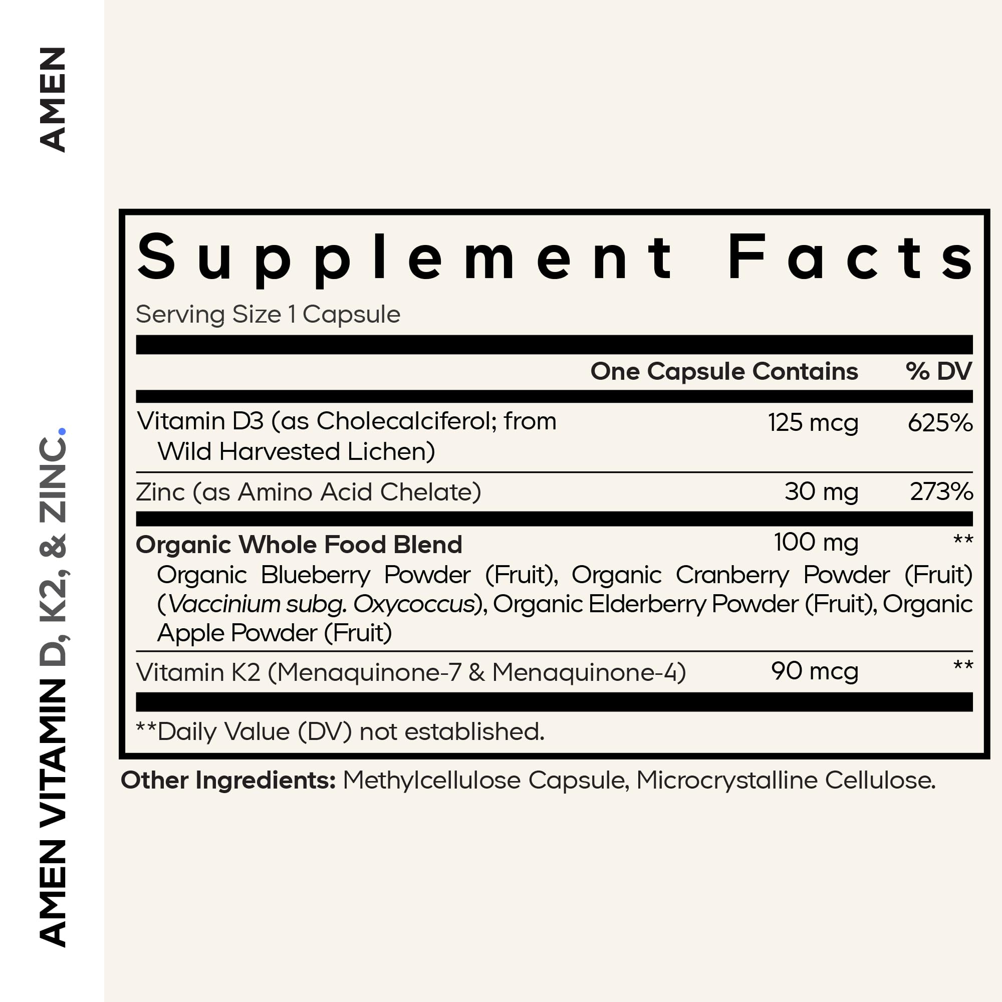 Amen Vitamin D3 K2 Zinc Capsules bottle side view