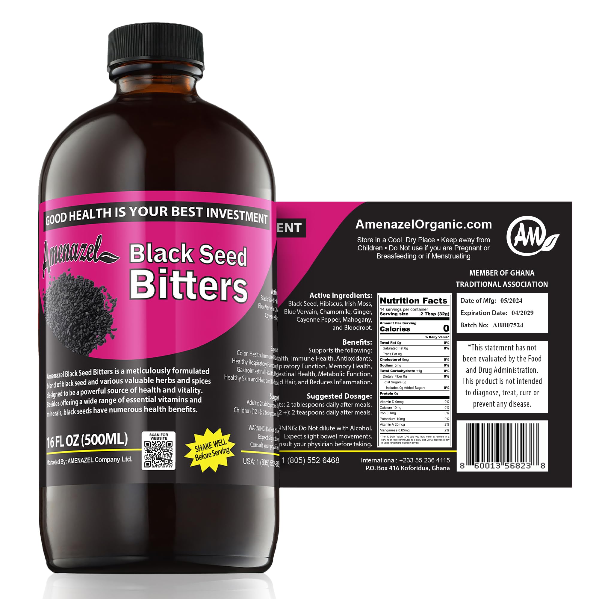 Amenazel Organic Black Seed Bitters 789g front view with packaging