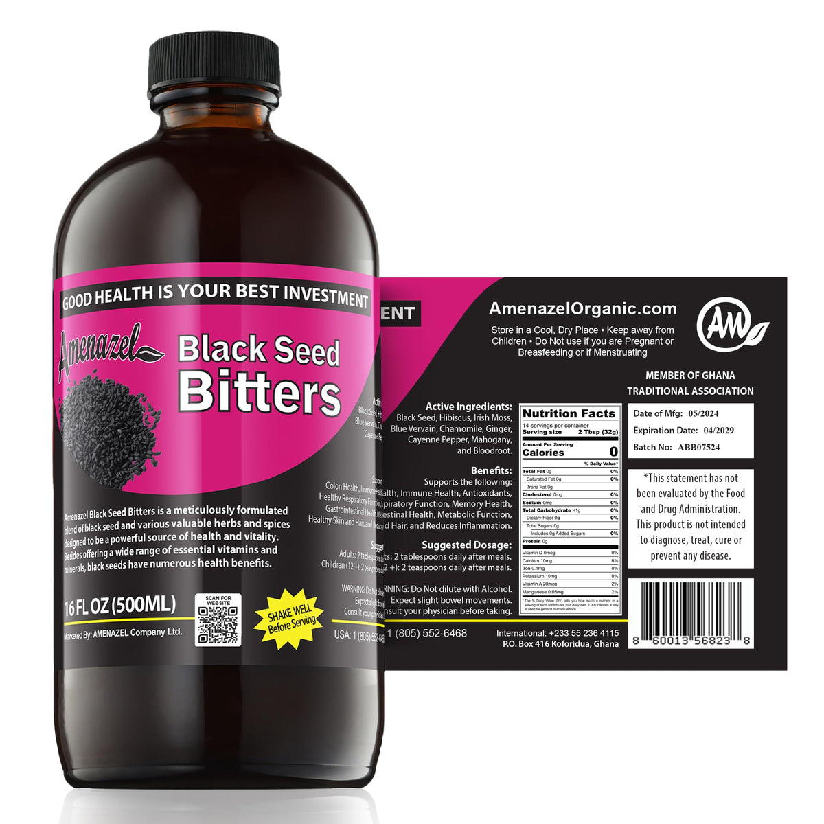 Amenazel Organic Black Seed Bitters 789g front view with packaging