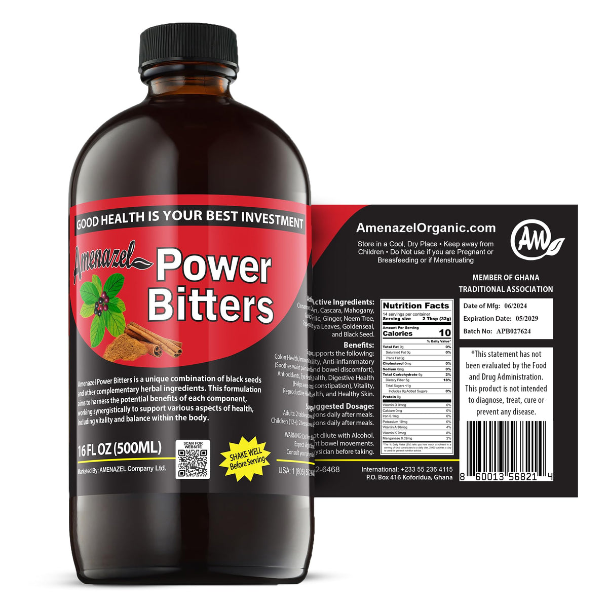 Amenazel Organic Power Bitters herbal supplement bottle front view