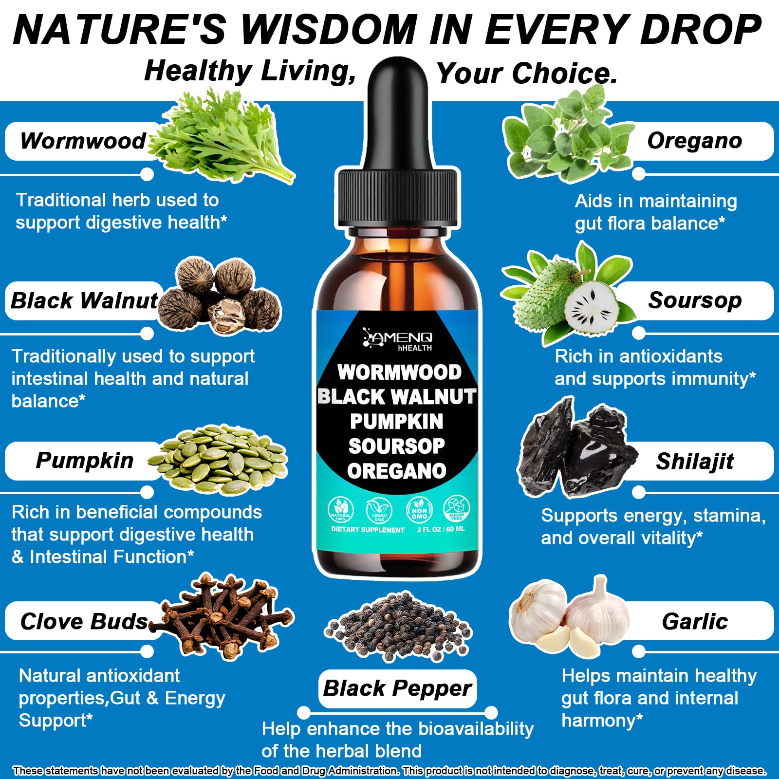 AMENQ hHEALTH Black Walnut Wormwood Clove Liquid Supplement bottle with cap