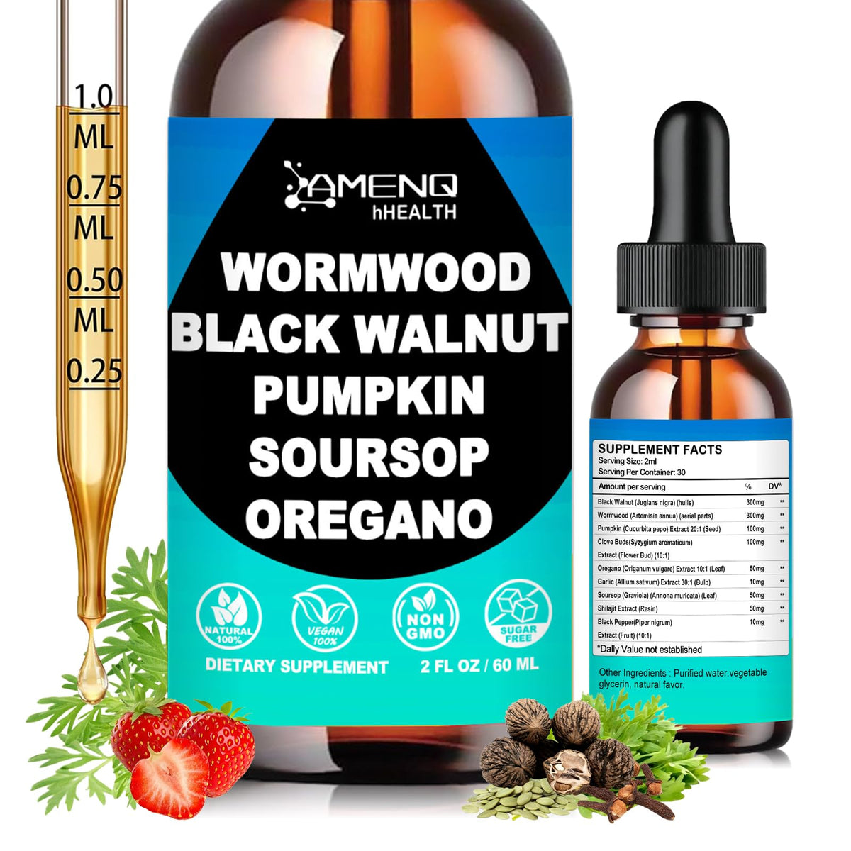 AMENQ hHEALTH Black Walnut Wormwood Clove Liquid Supplement front view
