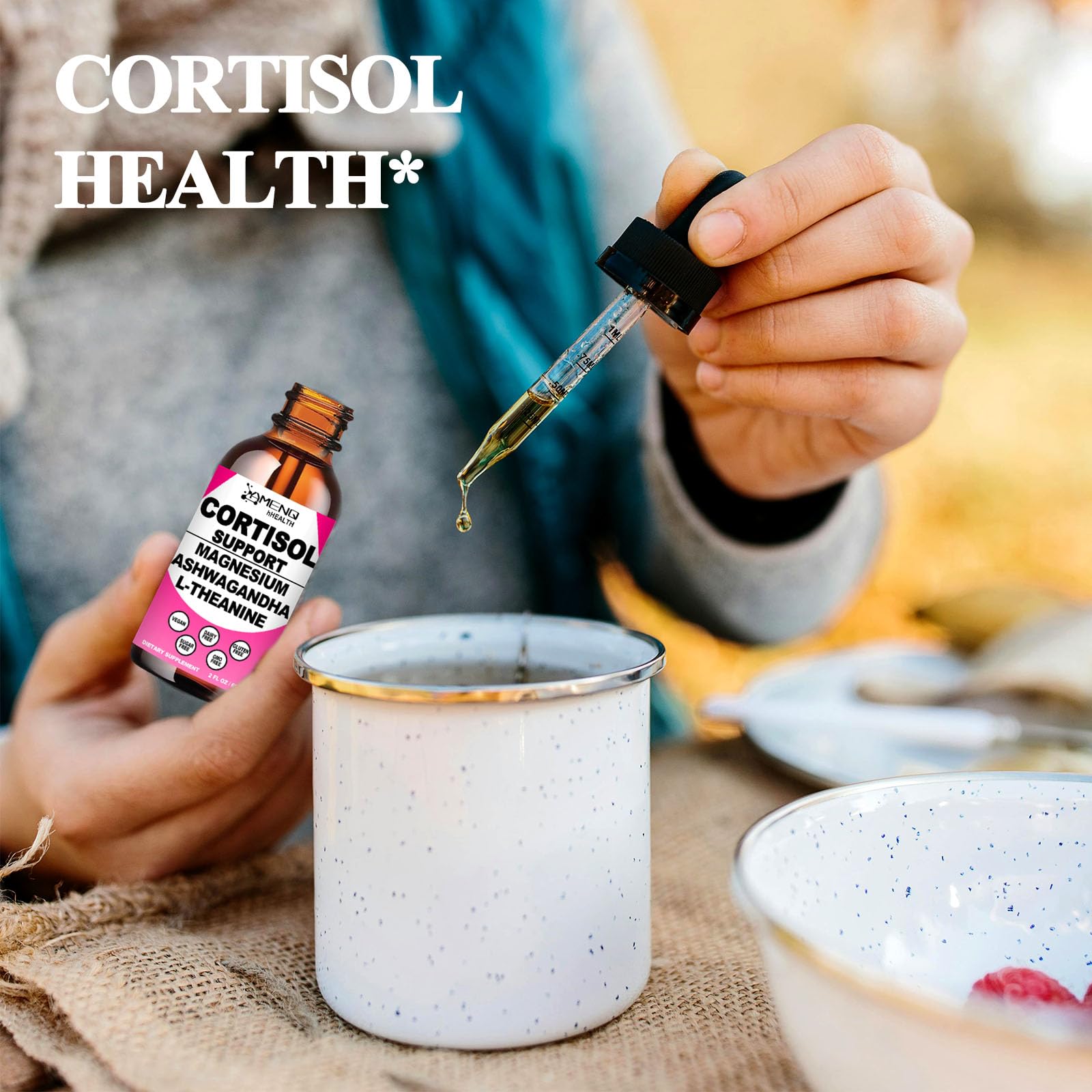 AMENQ hHEALTH Cortisol Support Liquid Drops in a glass