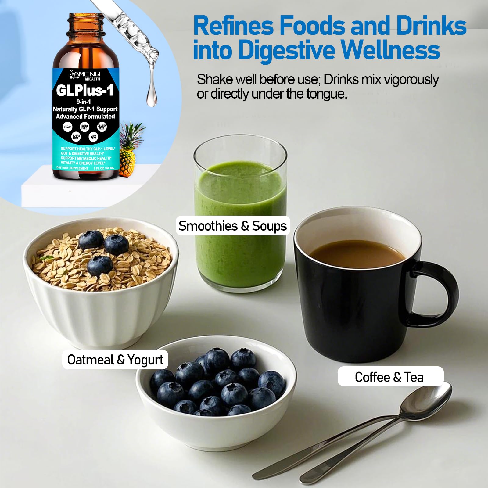 AMENQ hHEALTH GLP-1 Support Supplement bottle on a kitchen counter